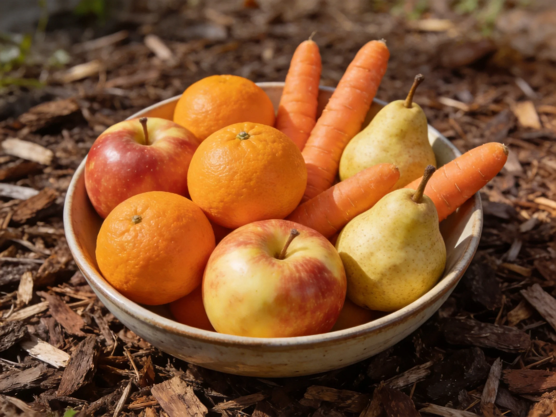 A bowl with apples, oranges, pears, and carrots on wood chips
