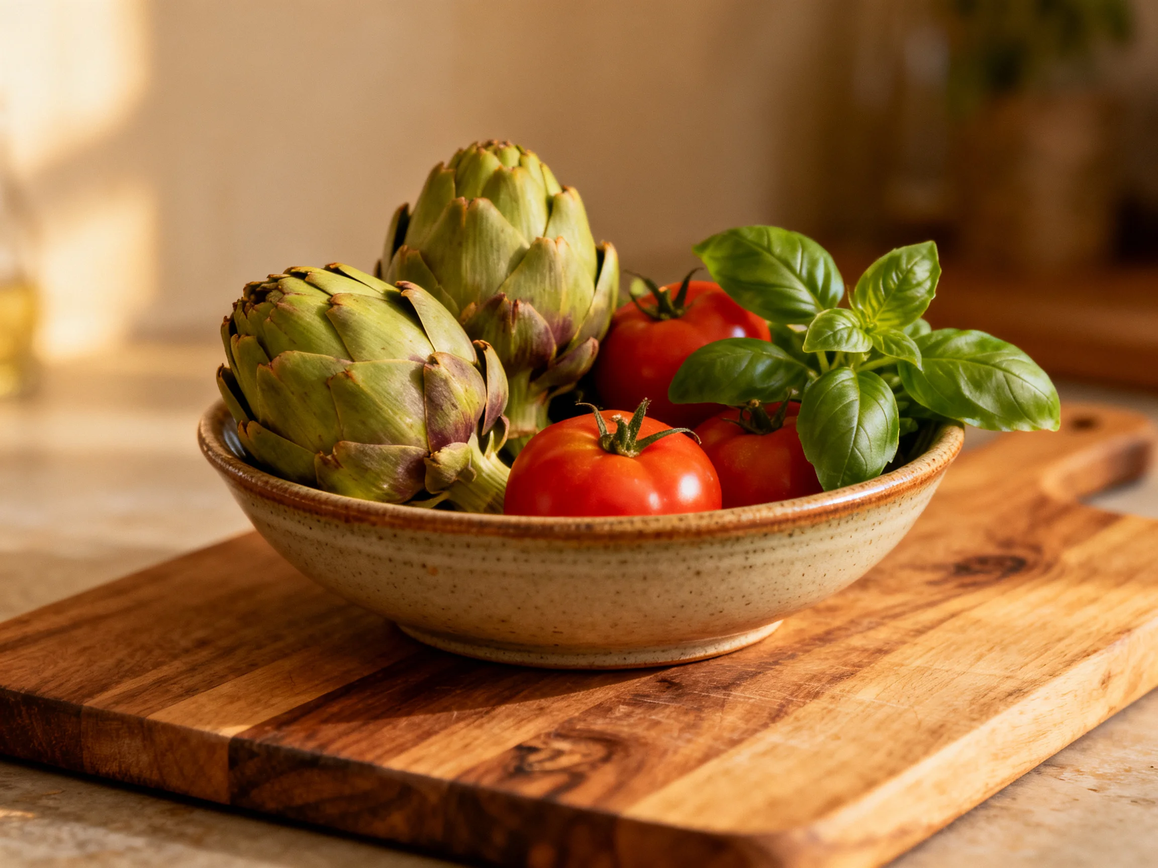 A bowl with artichokes, tomatoes, and basil on a wooden cutting board