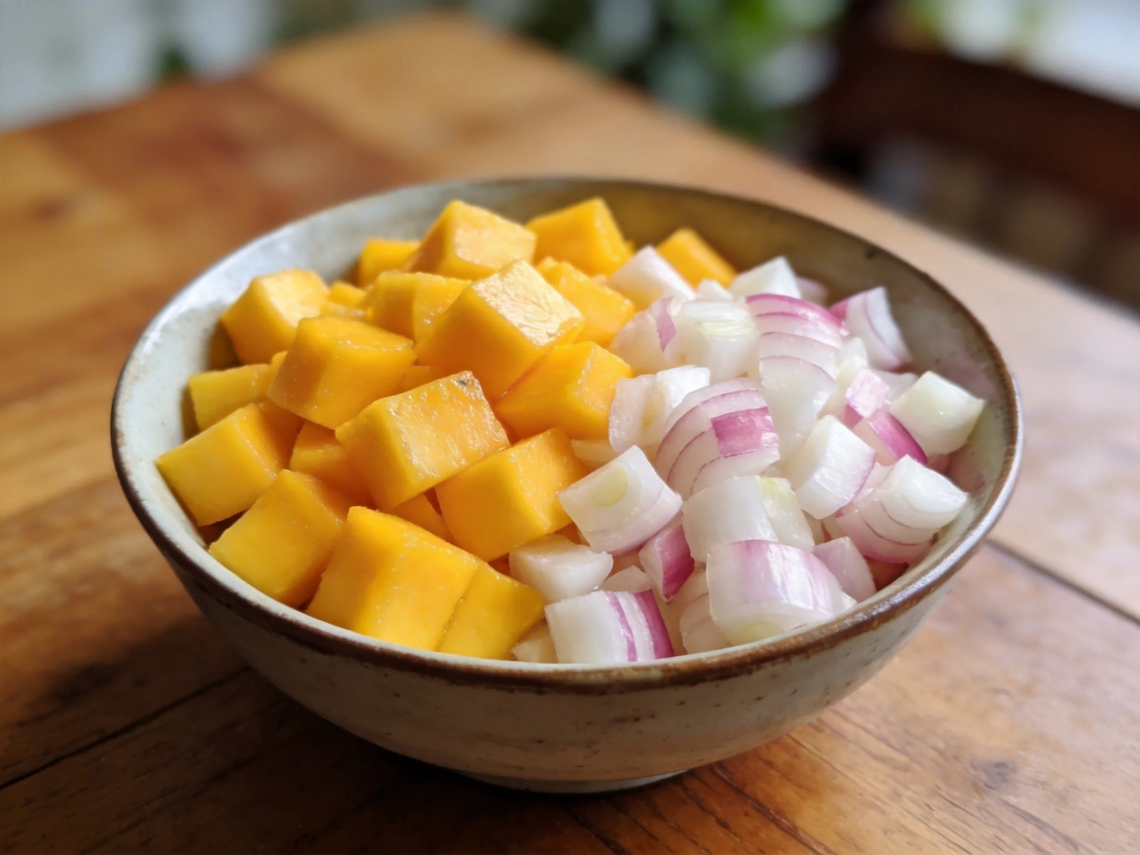 A bowl with diced mango and red onion on a wooden table