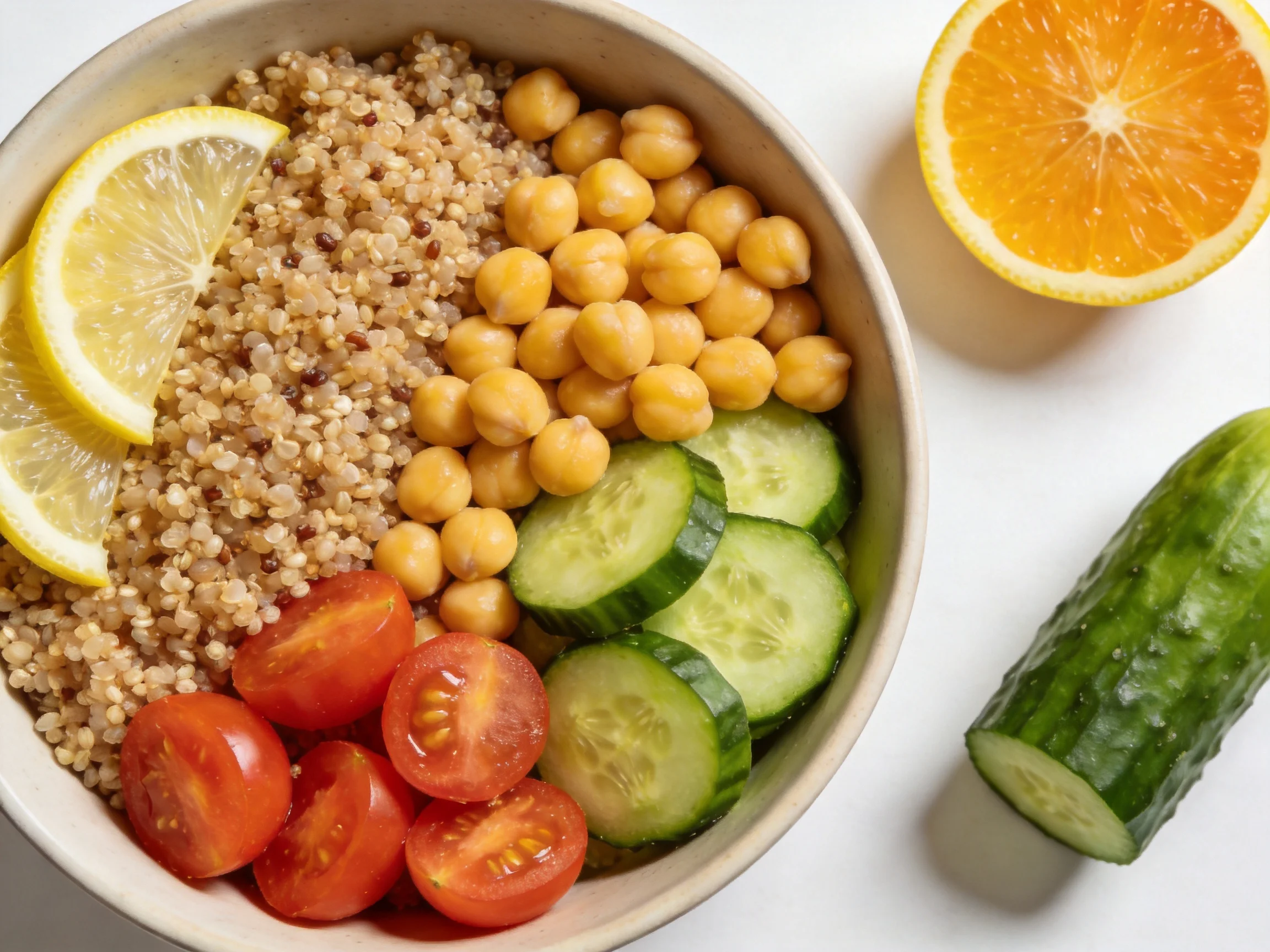 A bowl with quinoa, chickpeas, cucumbers, tomatoes, lemon, and orange nearby