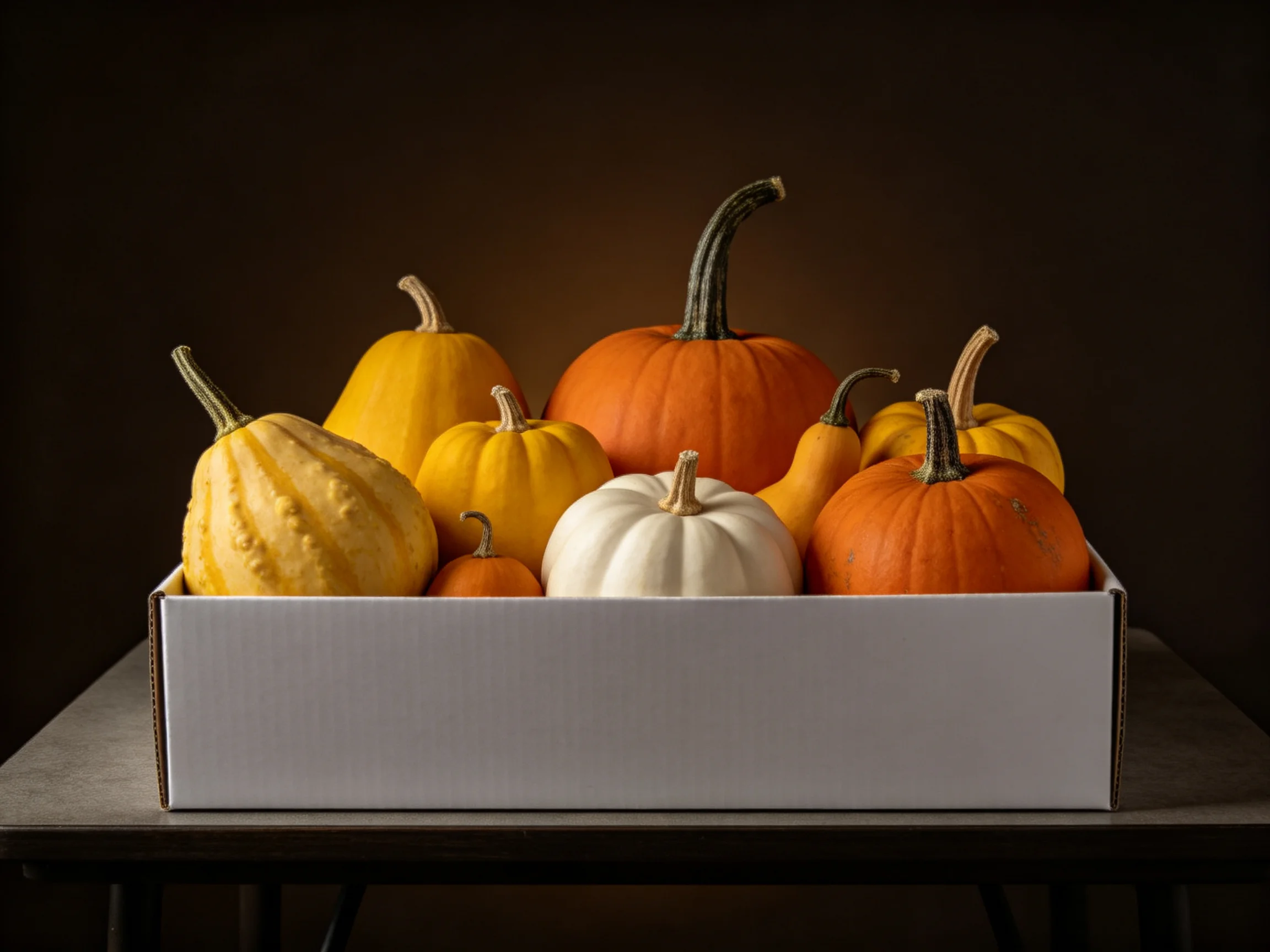 A box filled with assorted colored gourds and small pumpkins