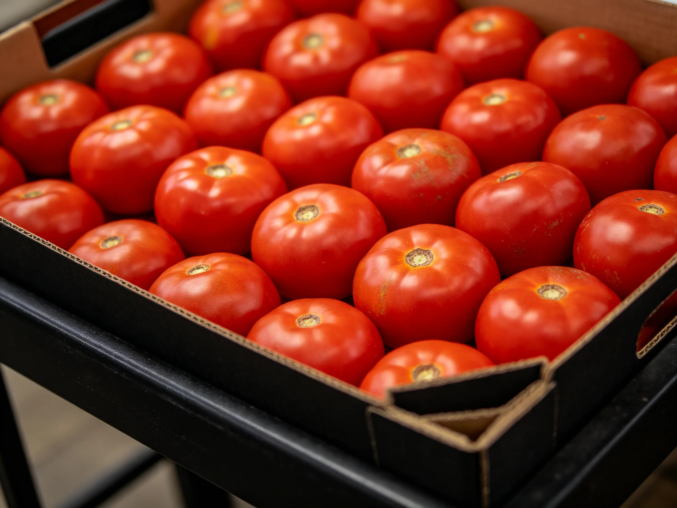 A box filled with numerous vibrant red tomatoes