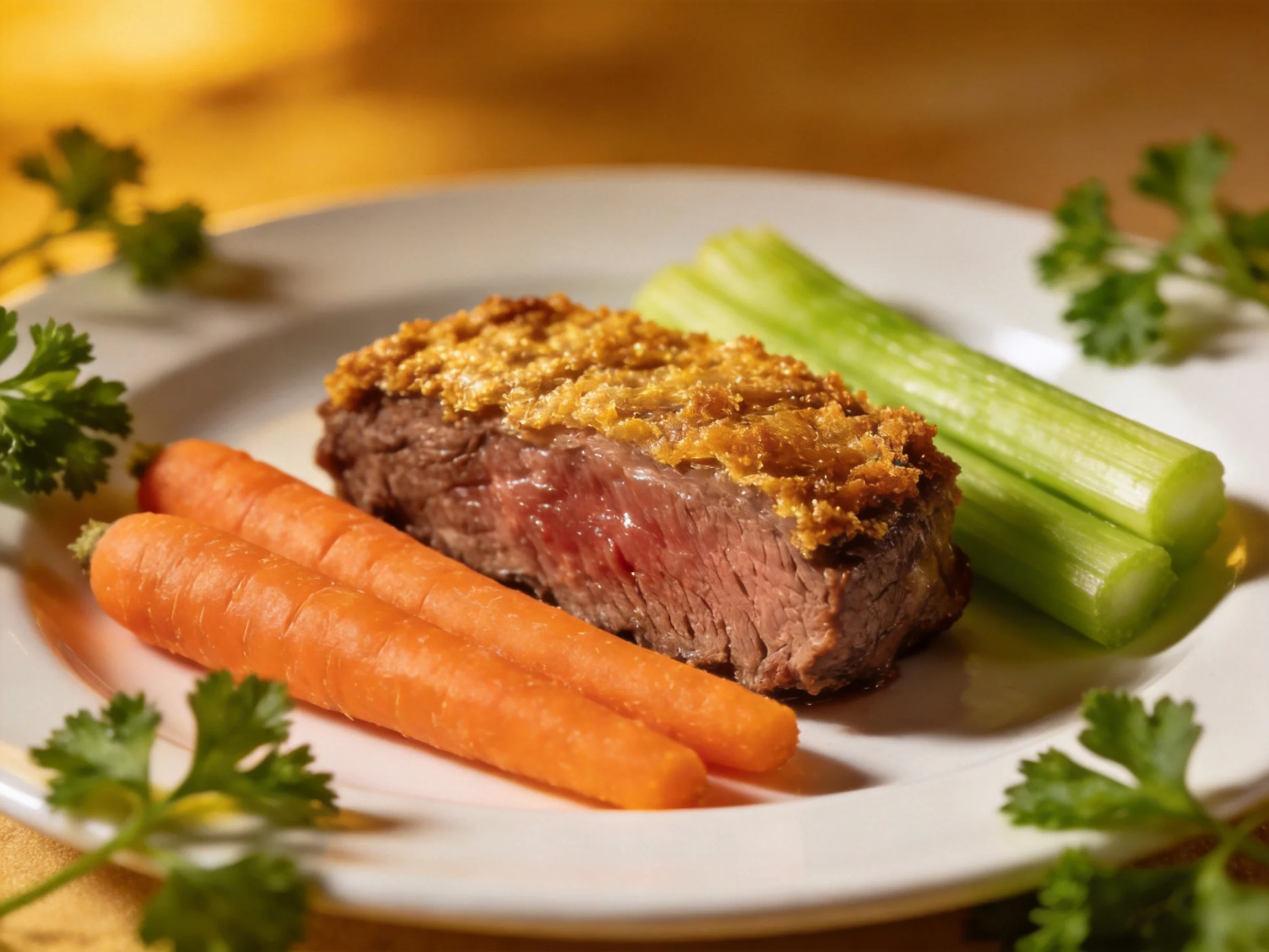 A breaded steak dish with baby carrots, celery, and parsley