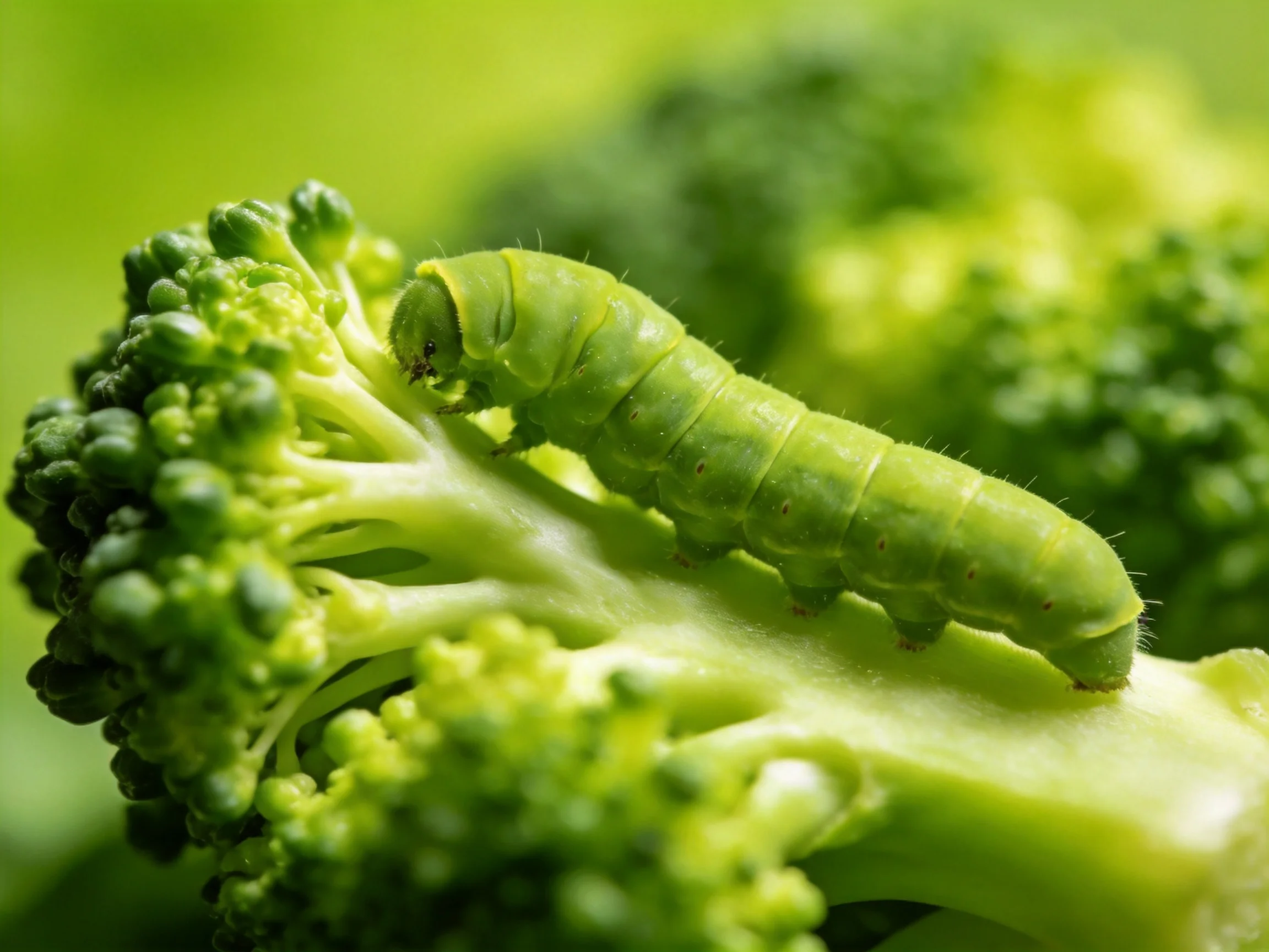 A bright green caterpillar crawling on fresh broccoli florets
