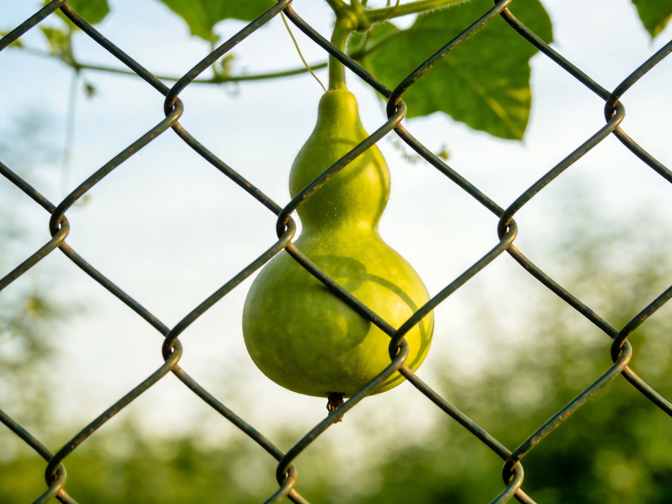 A bright green gourd hangs behind a diamond-patterned chain-link fence