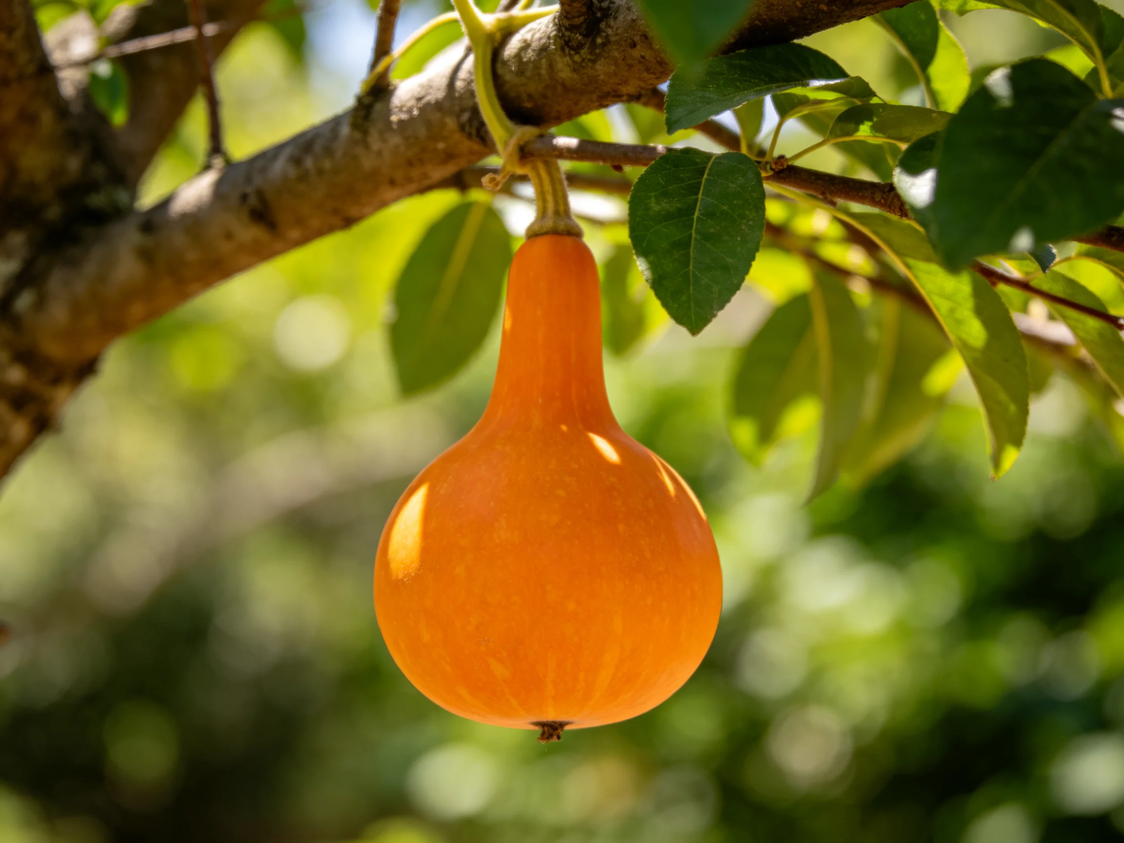 A bright orange gourd hangs from a tree branch with green leaves
