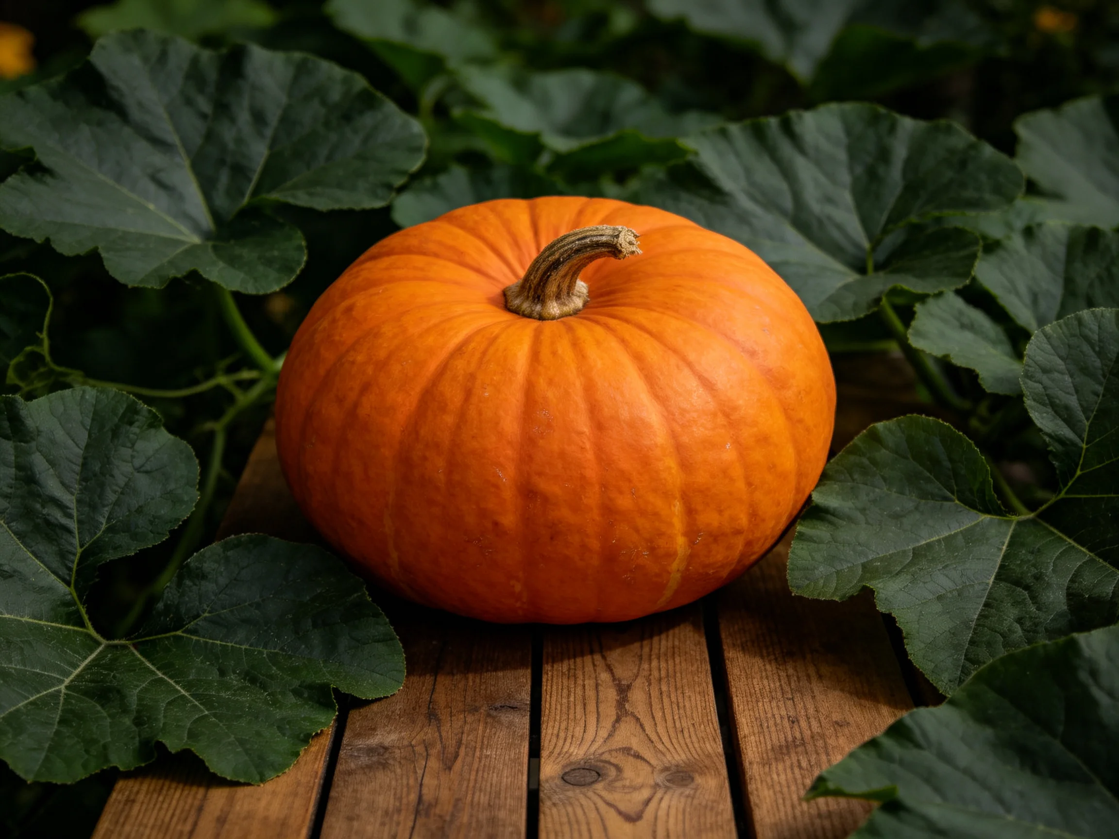 A bright orange pumpkin among large green leaves on a wooden plank