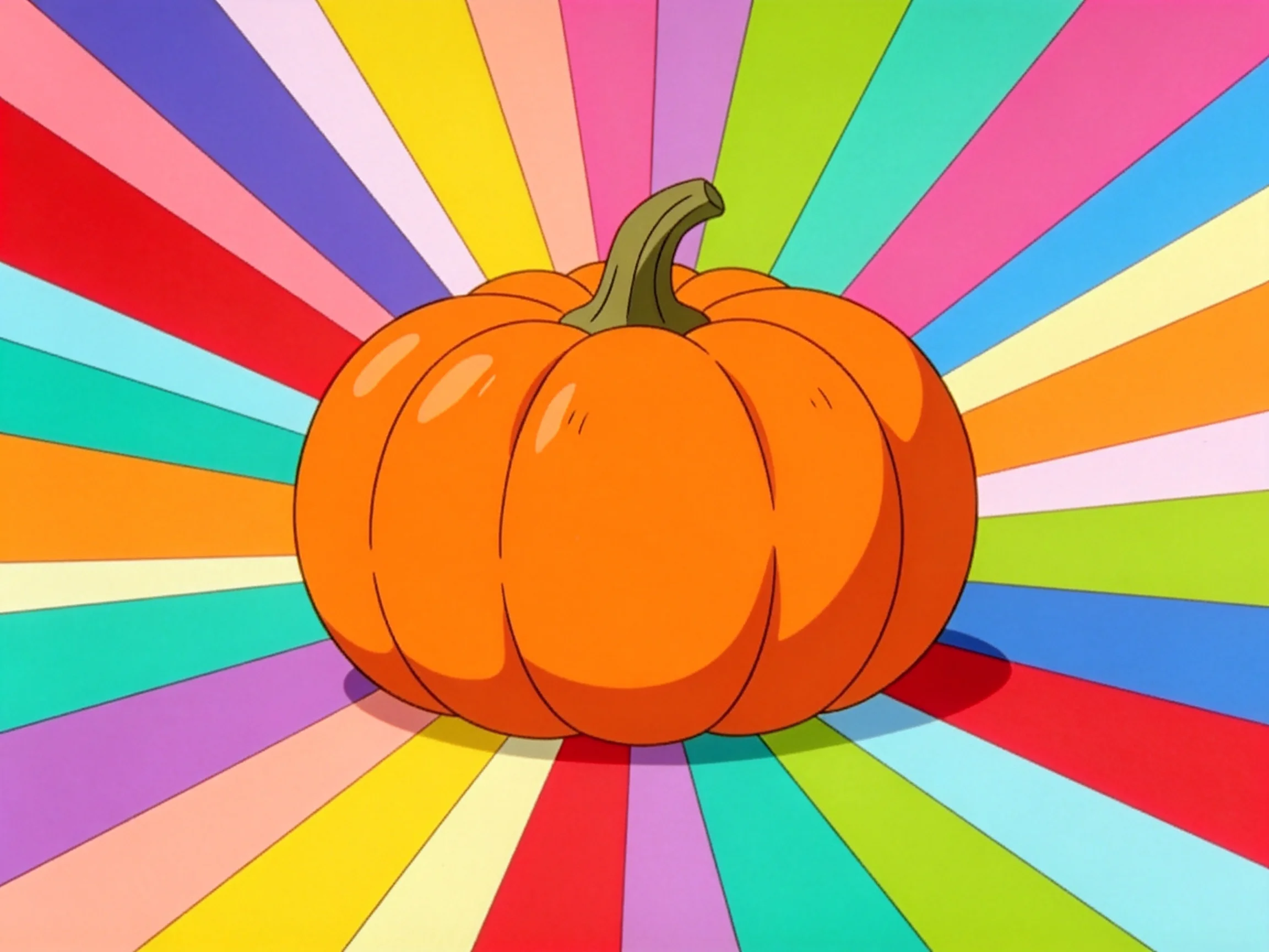 A bright orange pumpkin centered amid multicolored radial stripe patterns