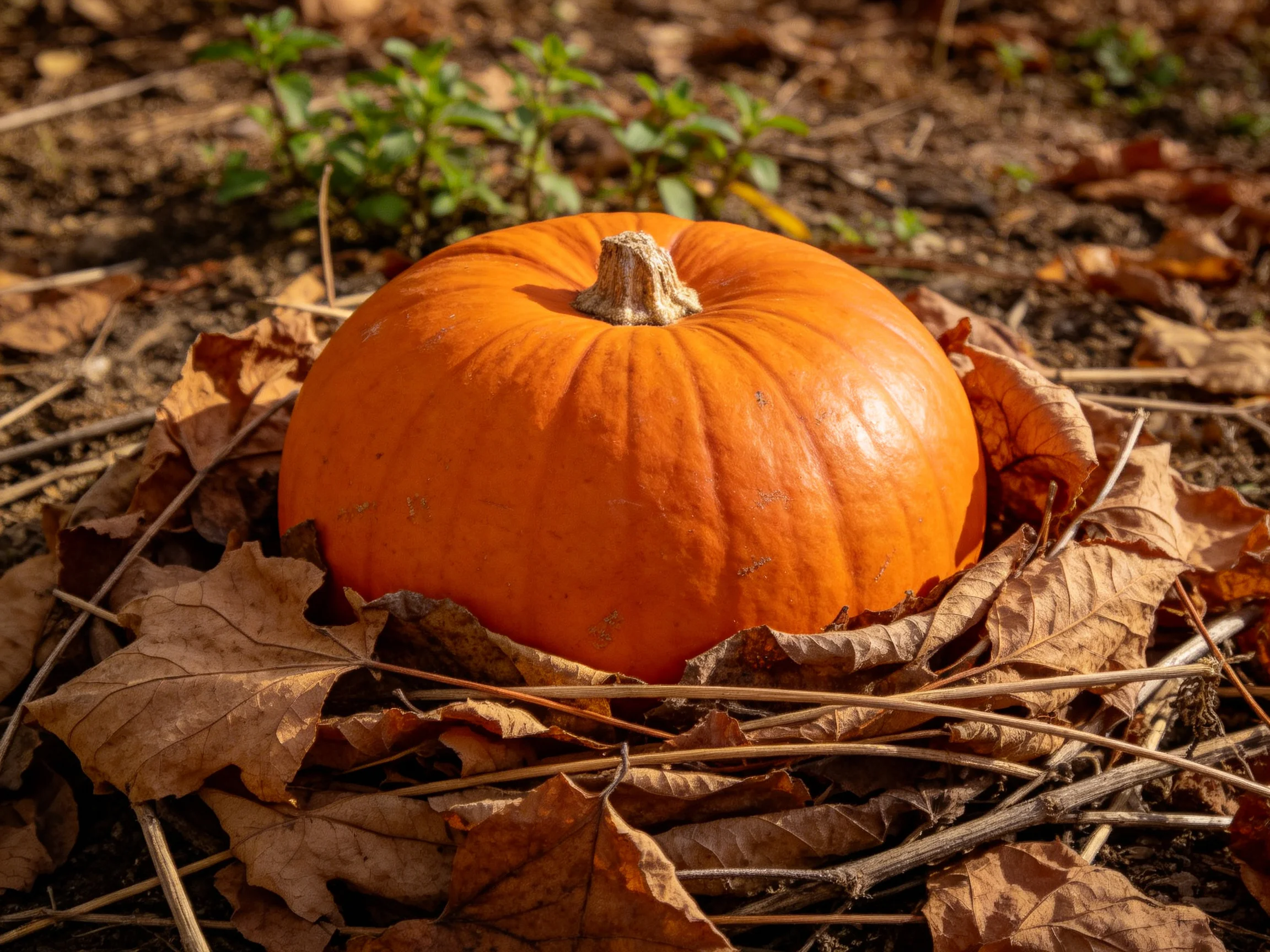 A bright orange pumpkin nestled among dry autumn leaves and twigs