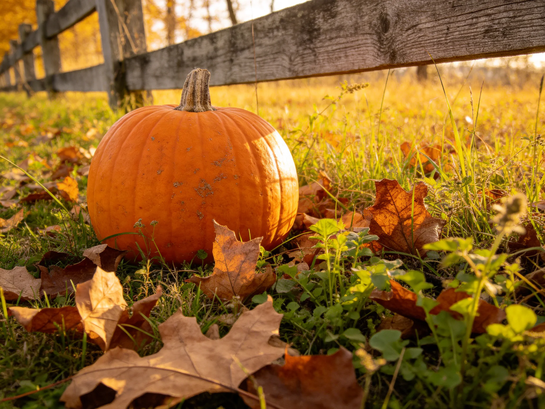 A bright orange pumpkin rests among fallen brown leaves near a weathered wooden fence