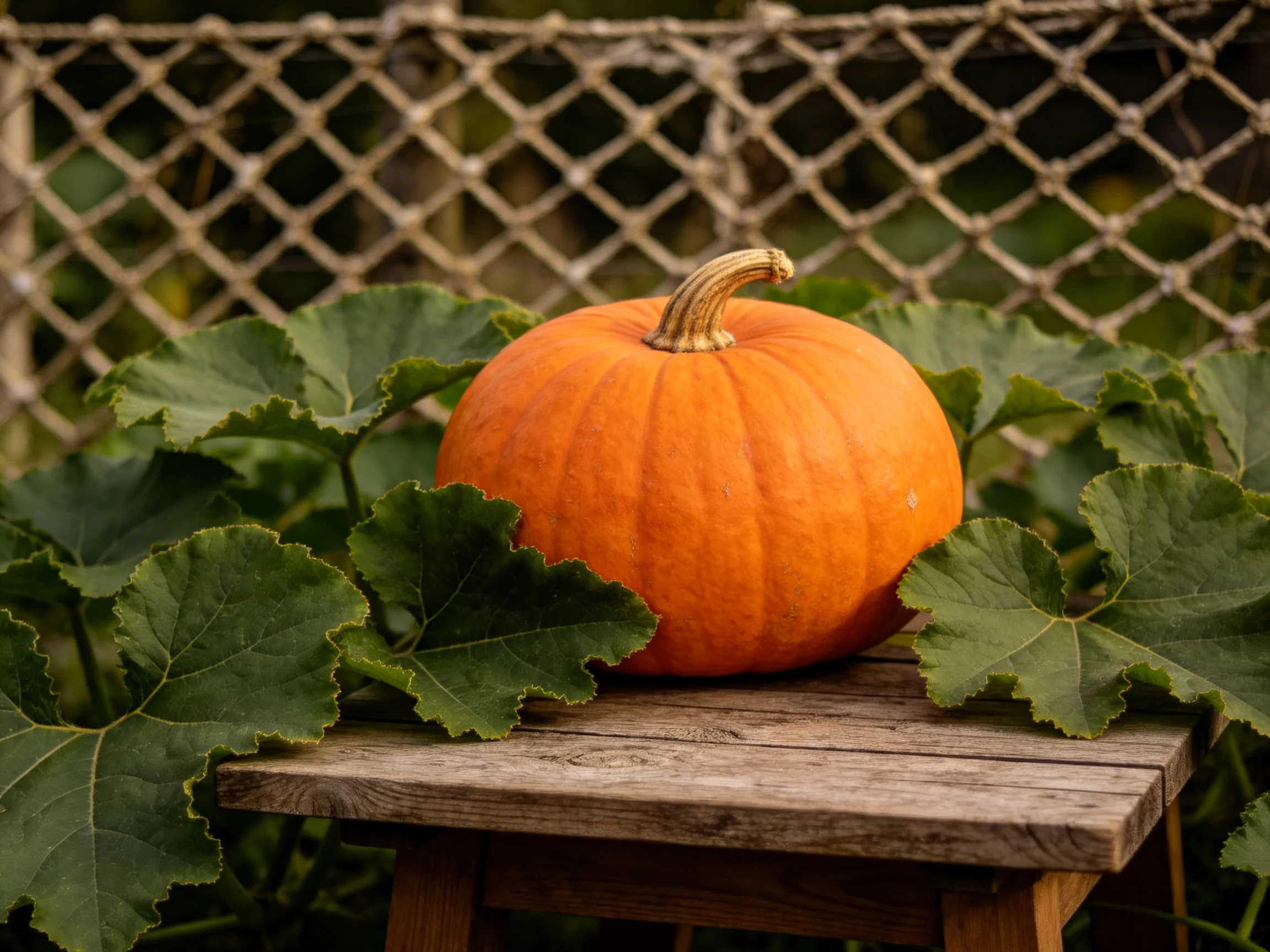 A bright orange pumpkin rests on a weathered wooden stool surrounded by large green leaves