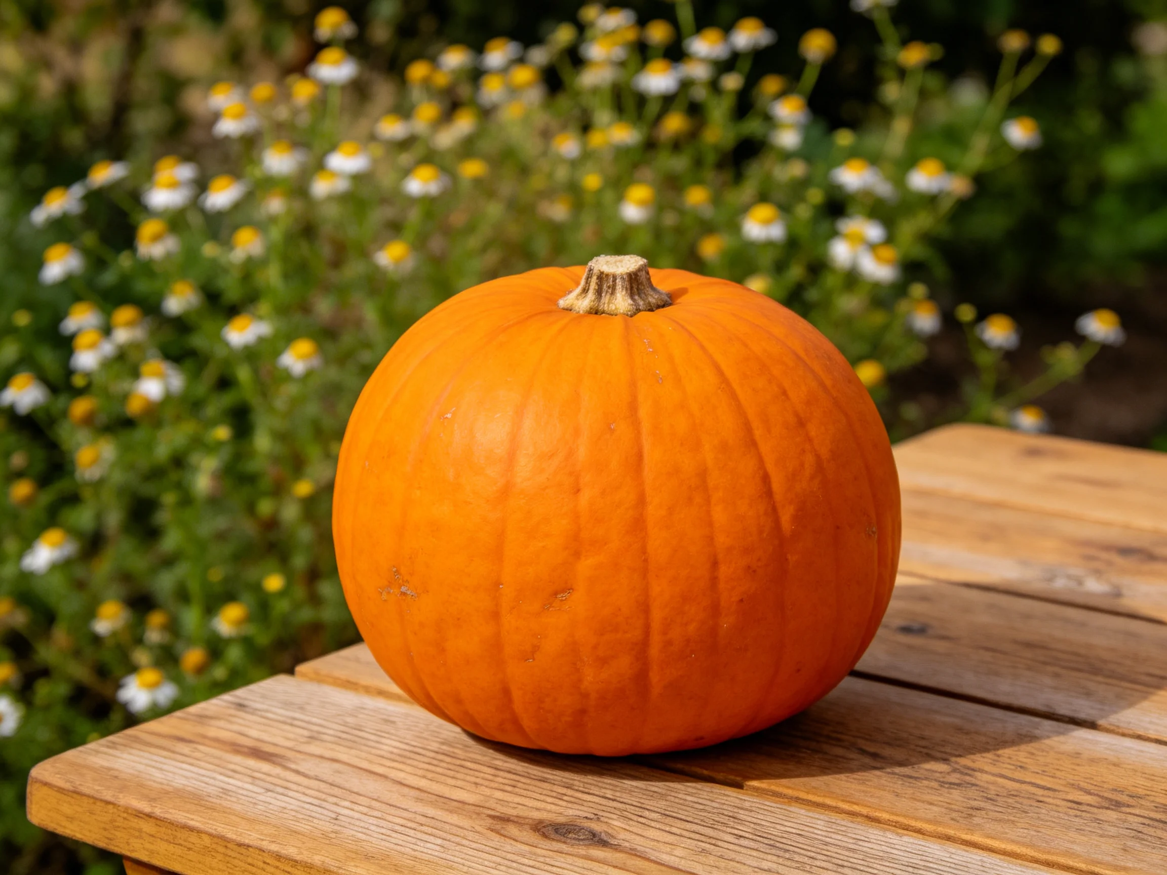 A bright orange pumpkin rests on a wooden table amid flowering plants