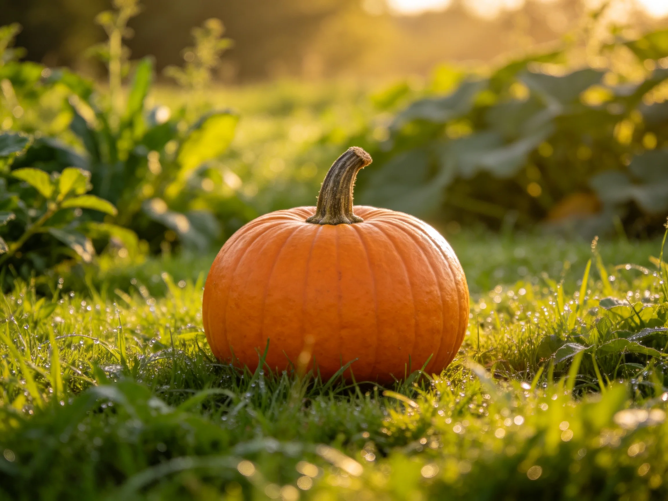 A bright orange pumpkin rests on dewy green grass in a sunlit field