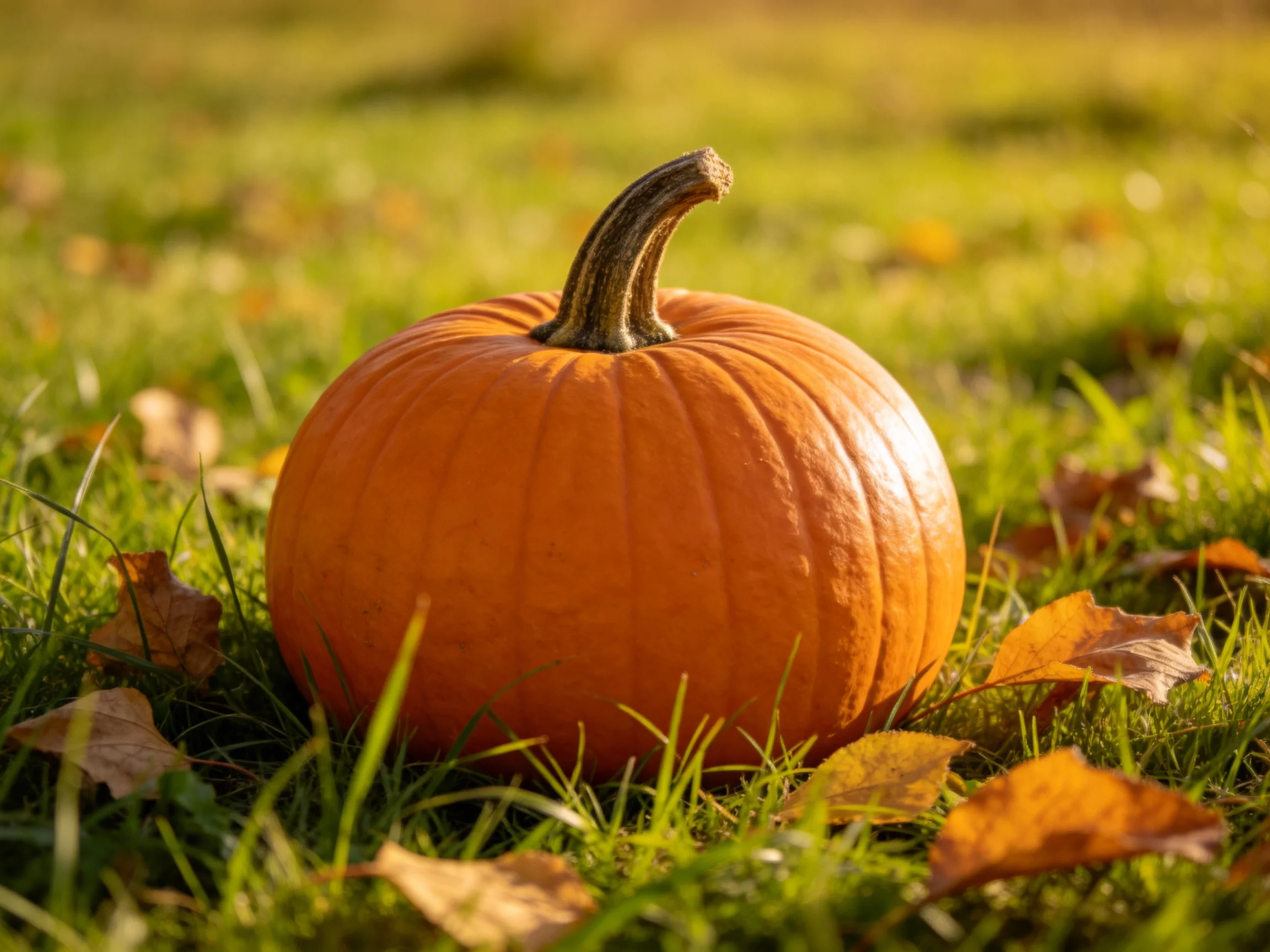 A bright orange pumpkin rests on lush green grass with scattered autumn leaves