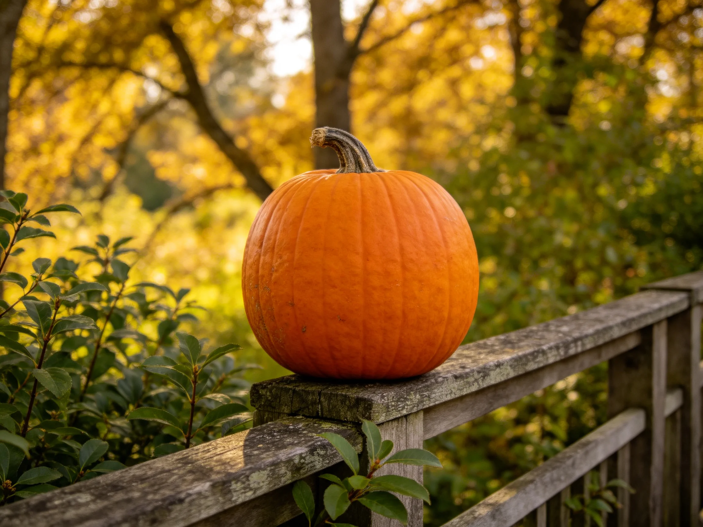 A bright orange pumpkin sits atop a weathered wooden fence amid golden autumn foliage