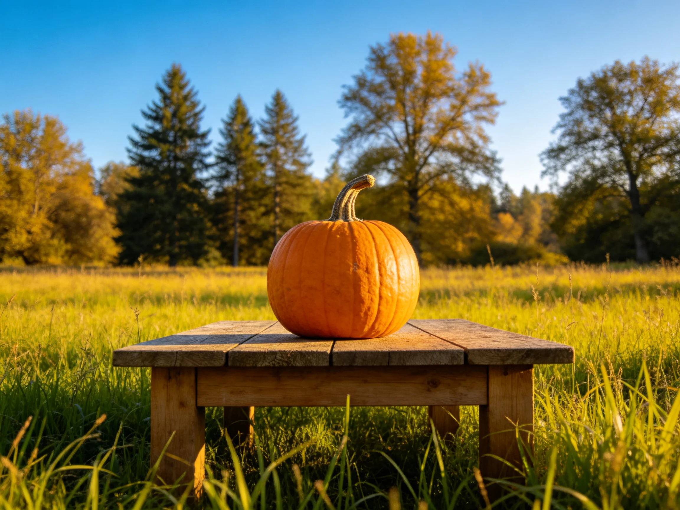 A bright orange pumpkin sits atop a weathered wooden table in a sunlit grassy field