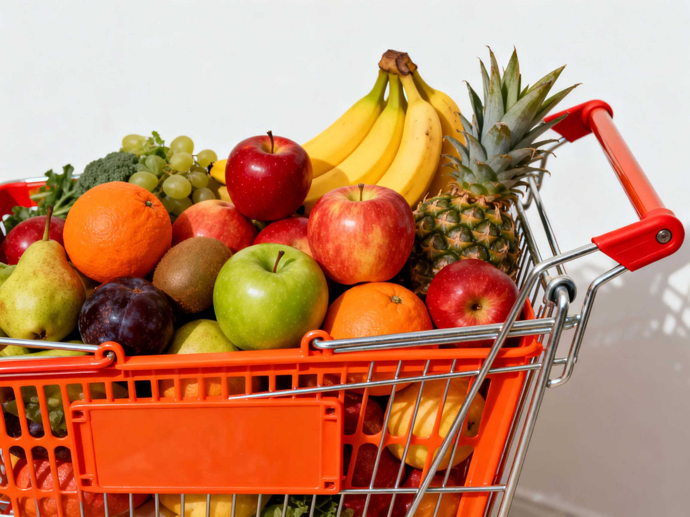 A bright orange shopping cart overflowing with colorful fresh fruits
