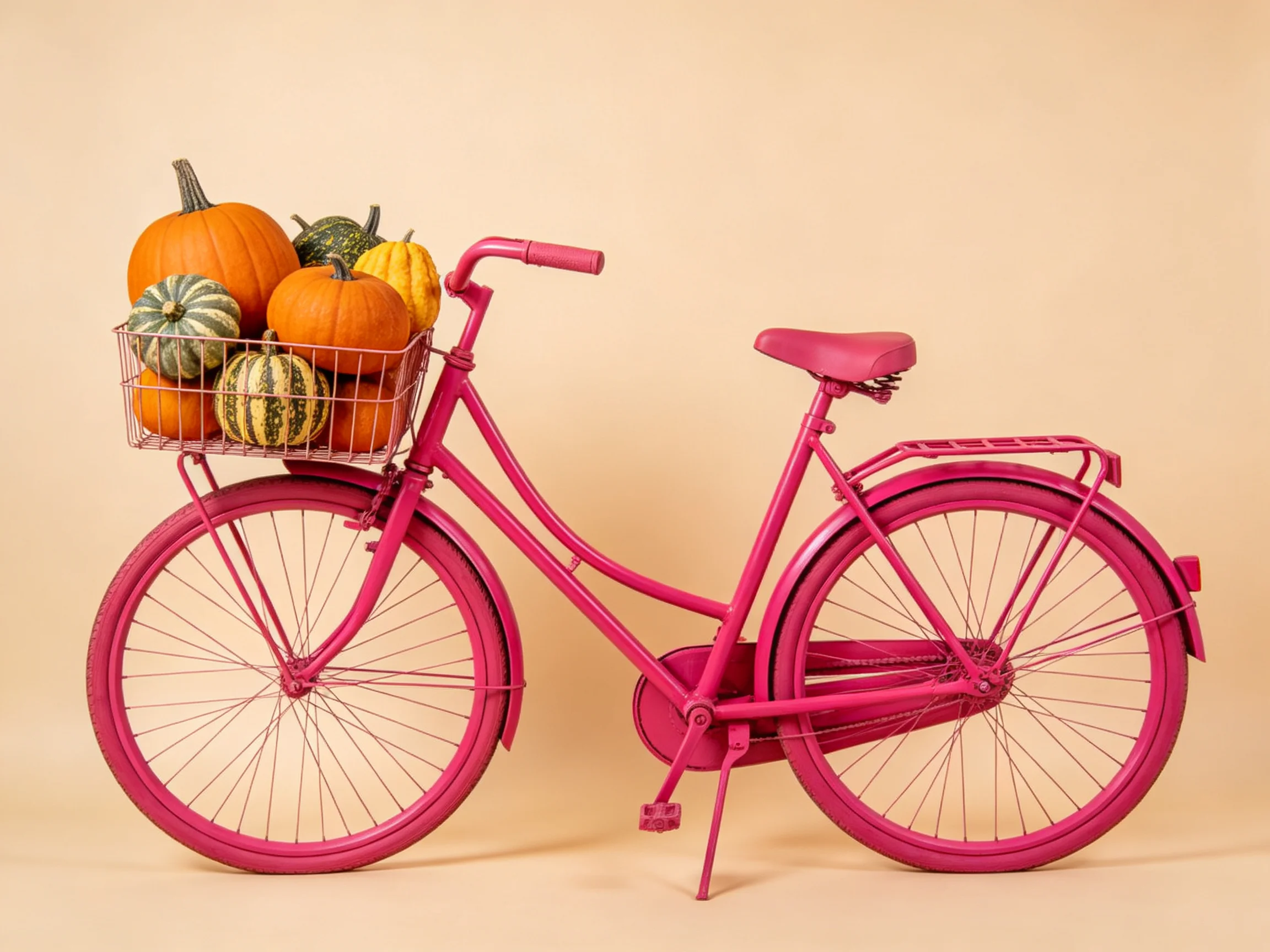 A bright pink bicycle loaded with assorted gourds and pumpkins