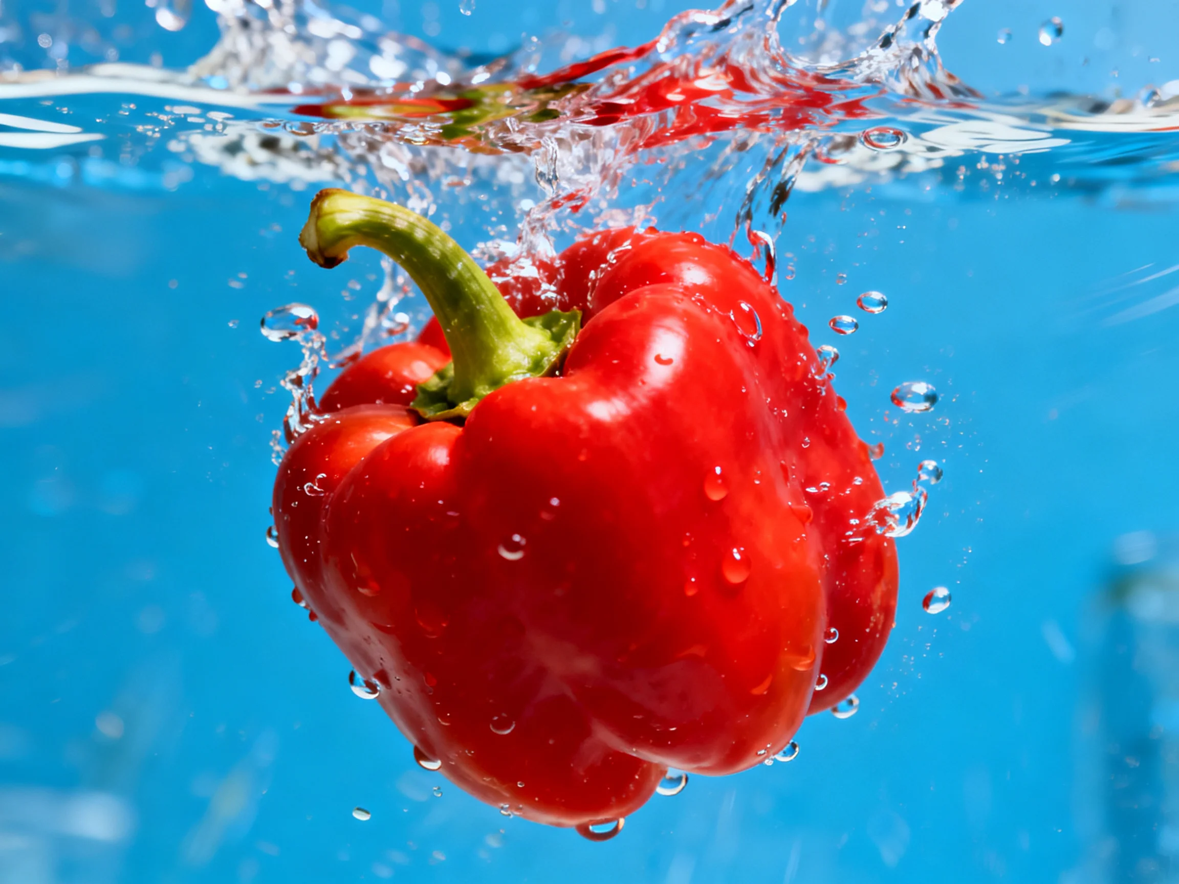 A bright red bell pepper splashing into clear blue water