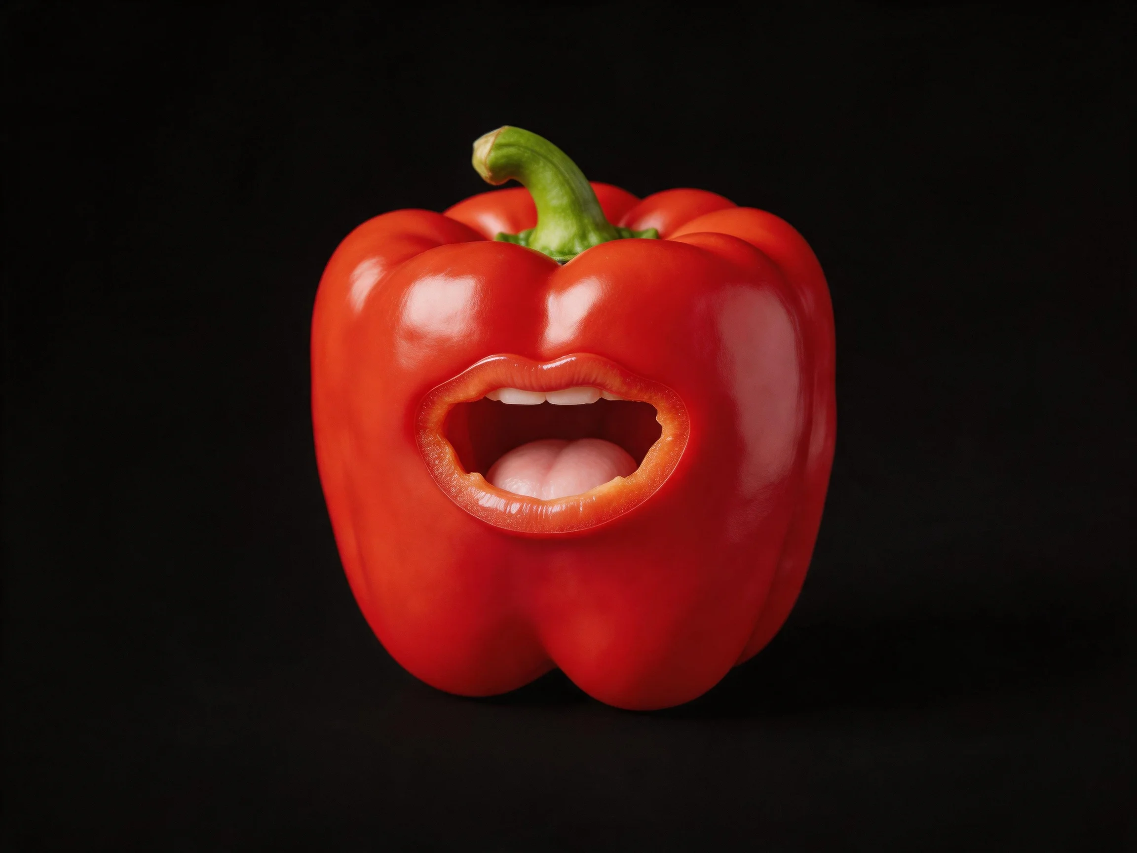 A bright red bell pepper with a carved mouth against a solid black background