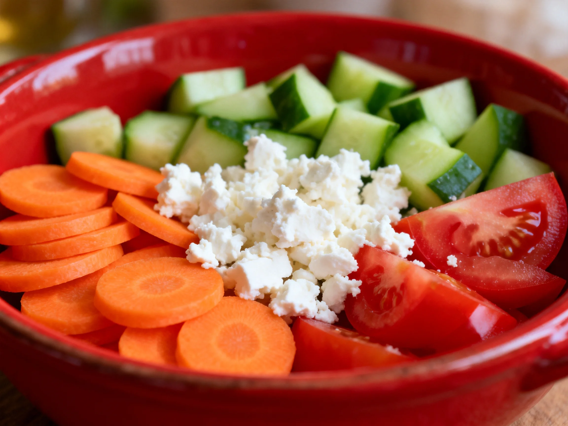 A bright red bowl displays fresh cucumber cubes, carrot slices, tomato wedges, and crumbled cheese.