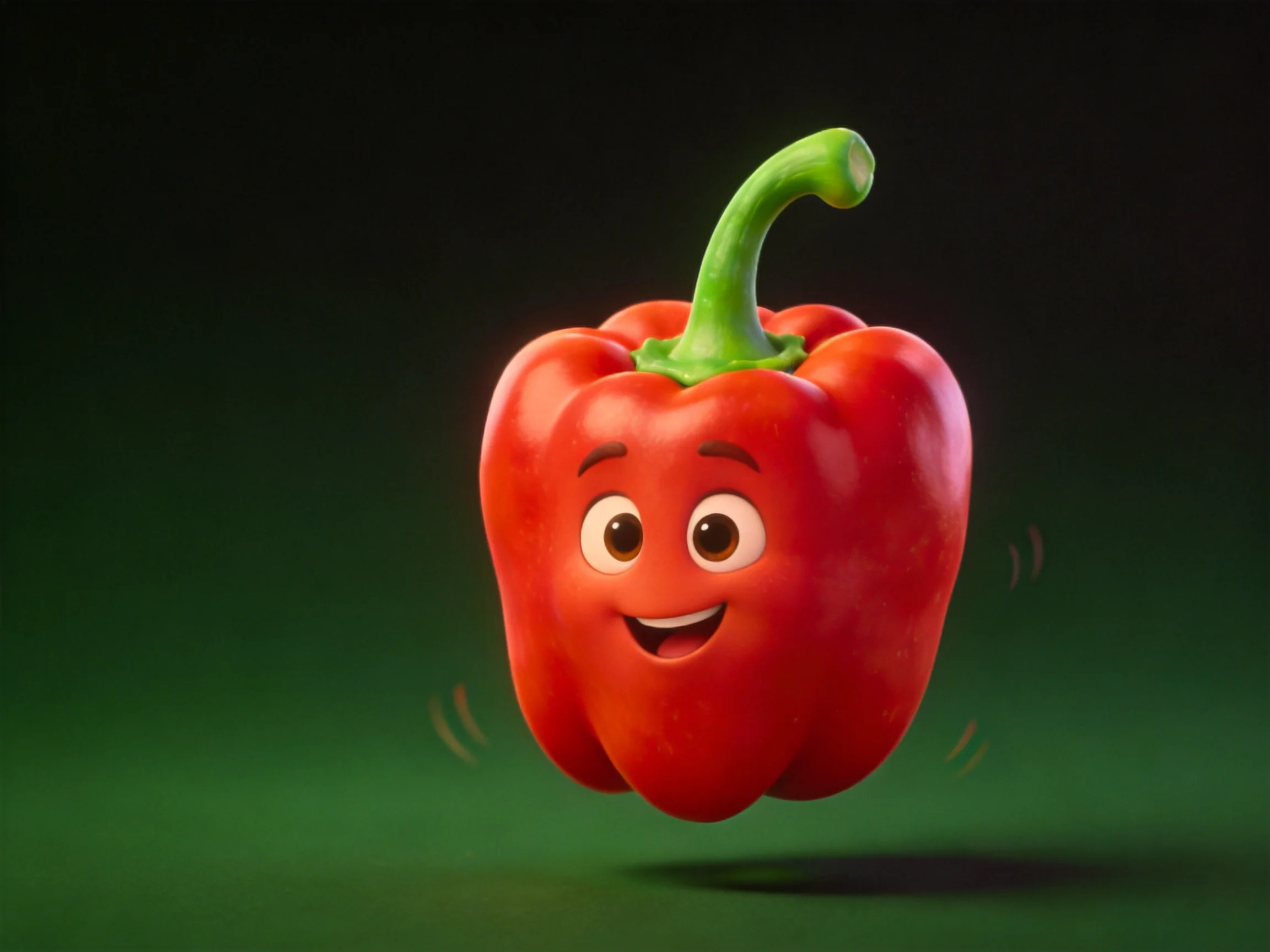 A bright red cartoon bell pepper with green stem floating in a dark green setting