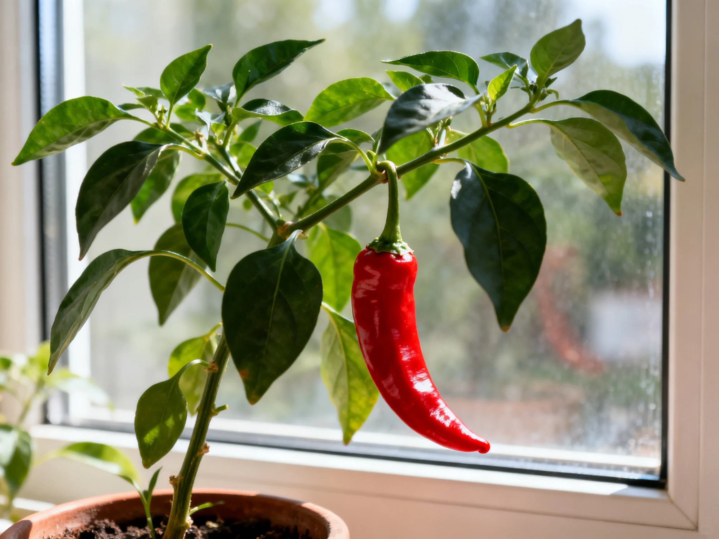 A bright red chili pepper grows on a leafy plant in a terracotta pot by a sunlit window
