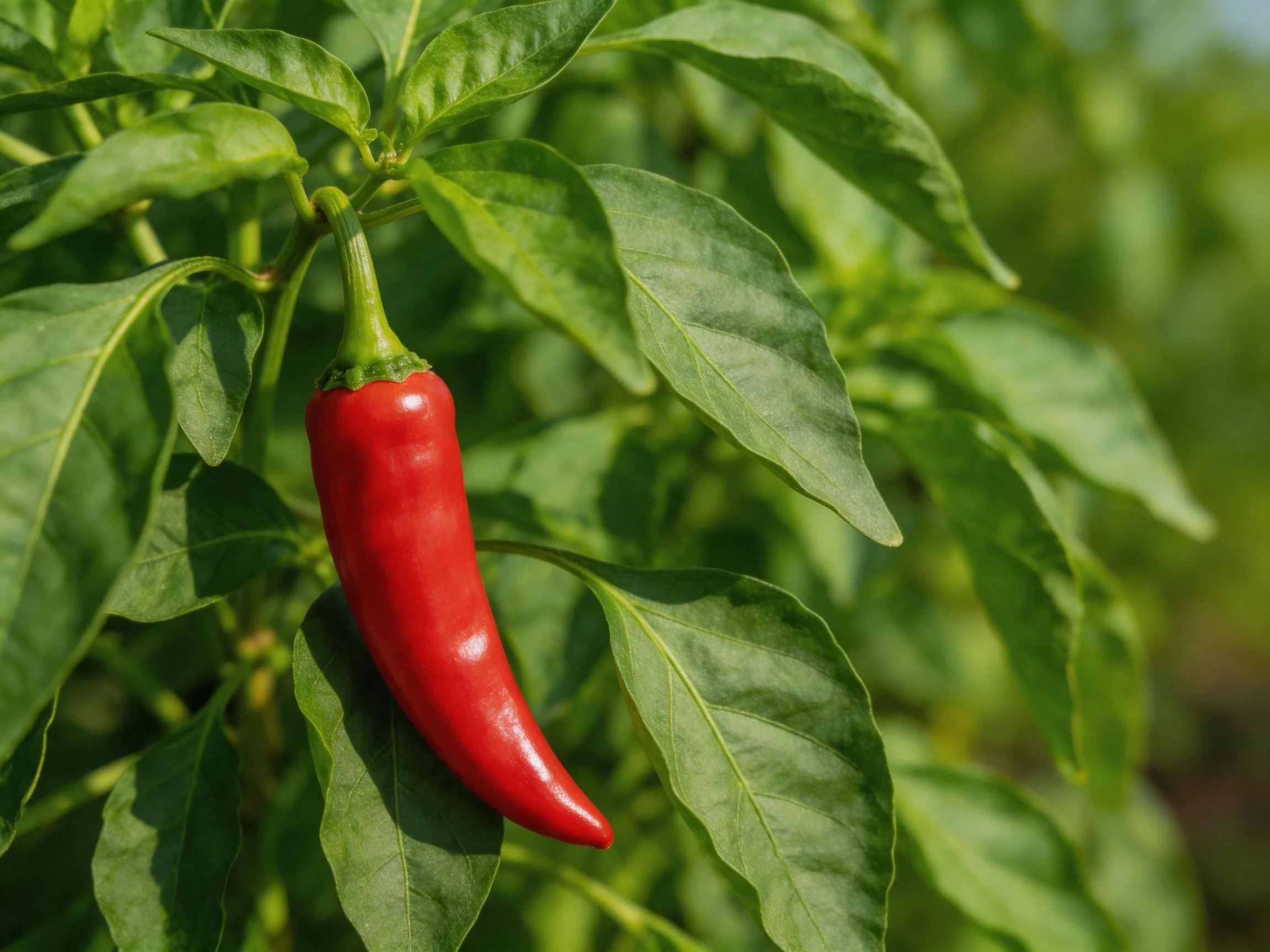 A bright red chili pepper hangs from leafy green plant