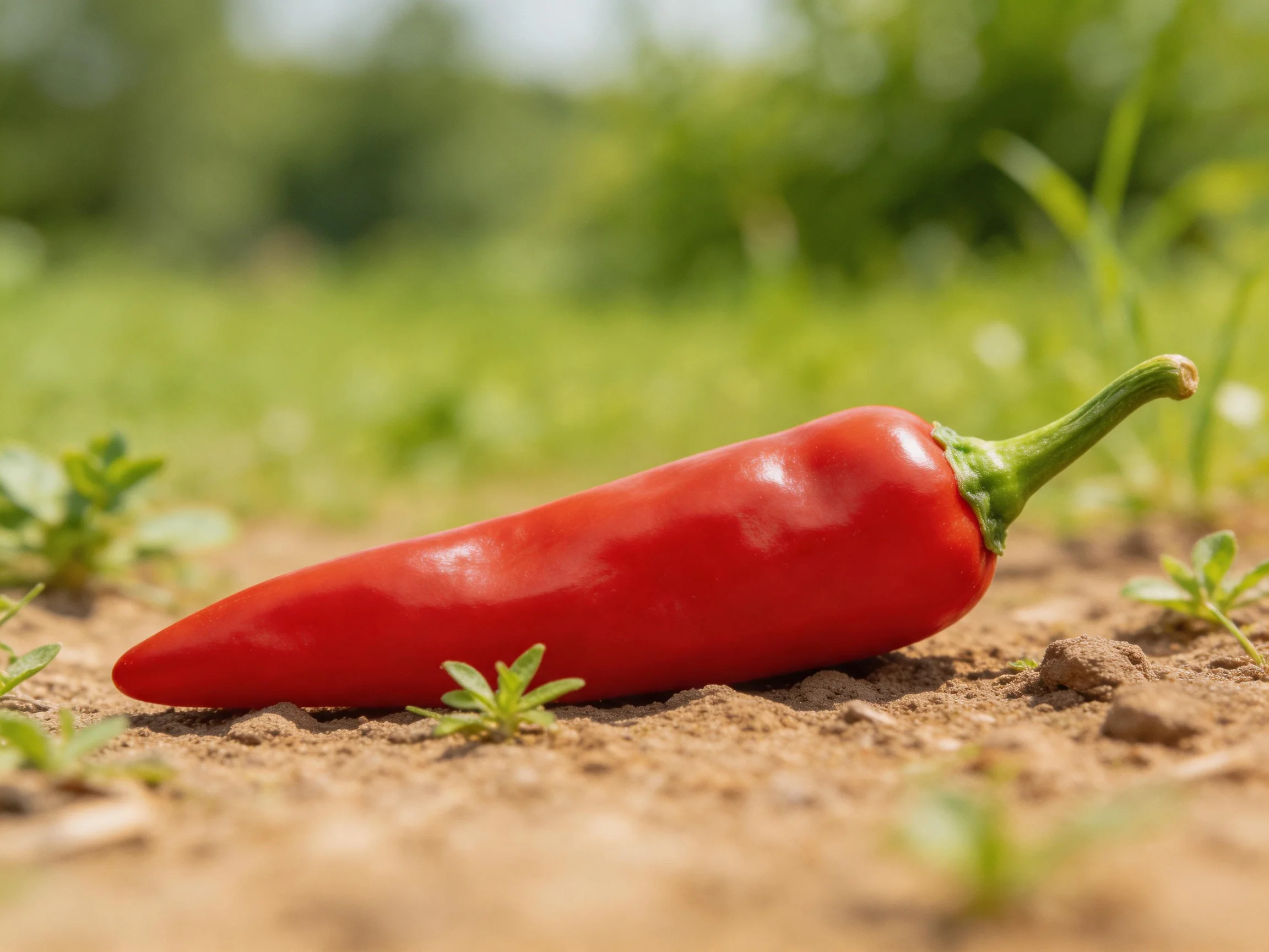 A bright red chili pepper lies on dry soil near small green plants in an outdoor environment.