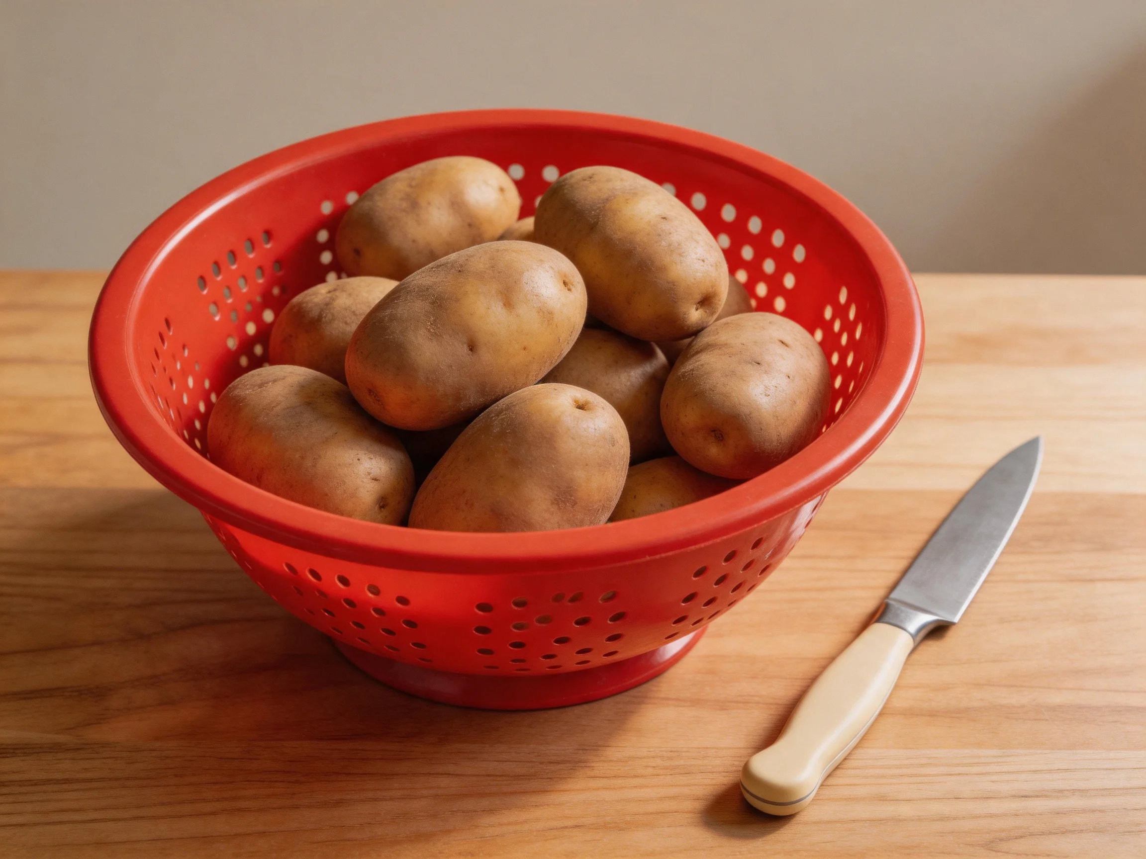 A bright red perforated colander filled with brown potatoes beside a silver-handled knife