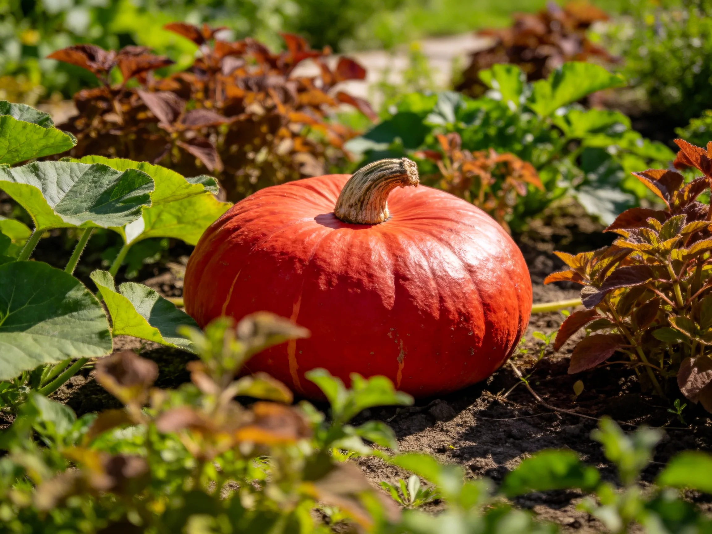 A bright red pumpkin surrounded by diverse garden foliage