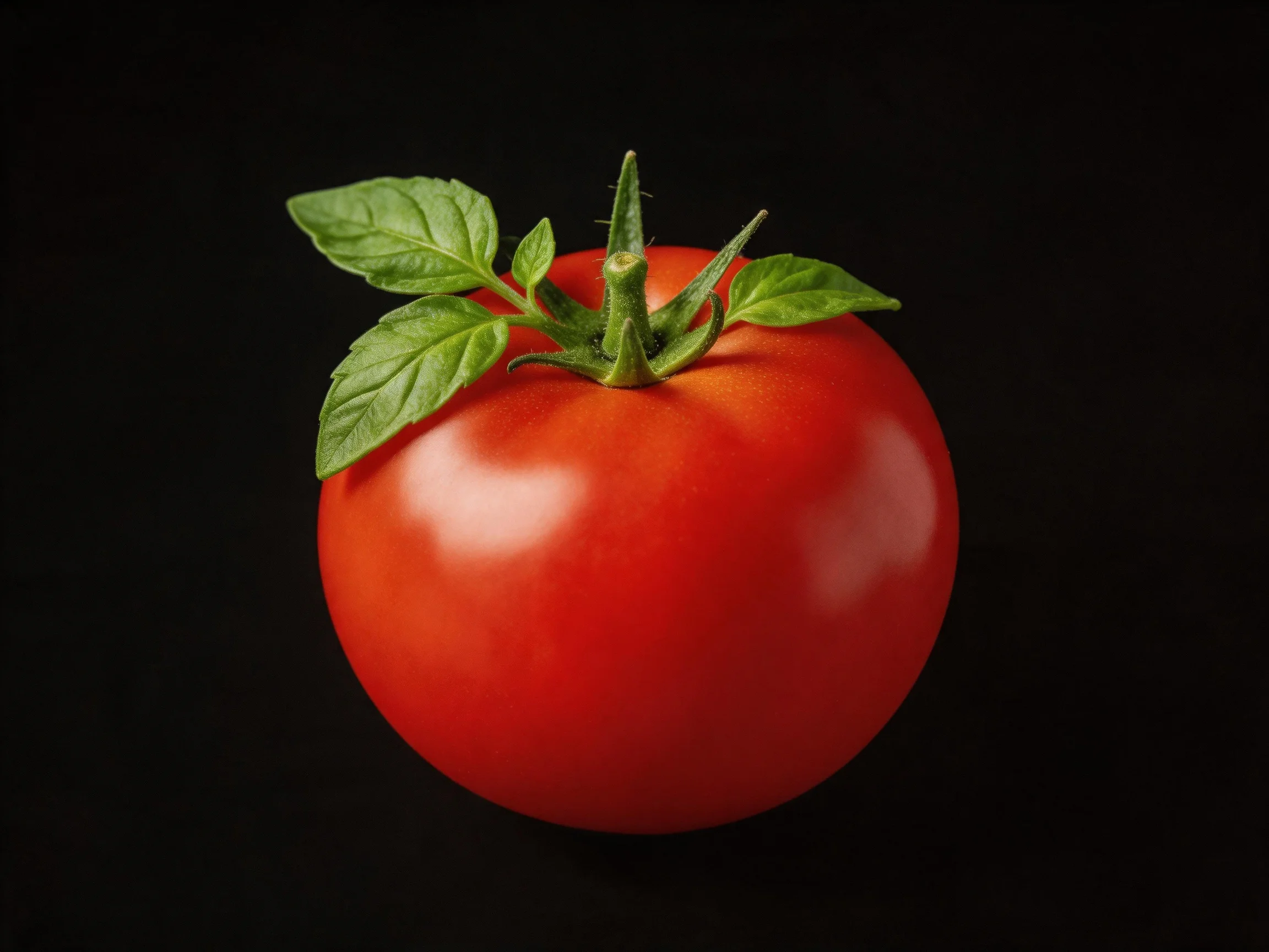 A bright red tomato with fresh green leaves against a solid black background