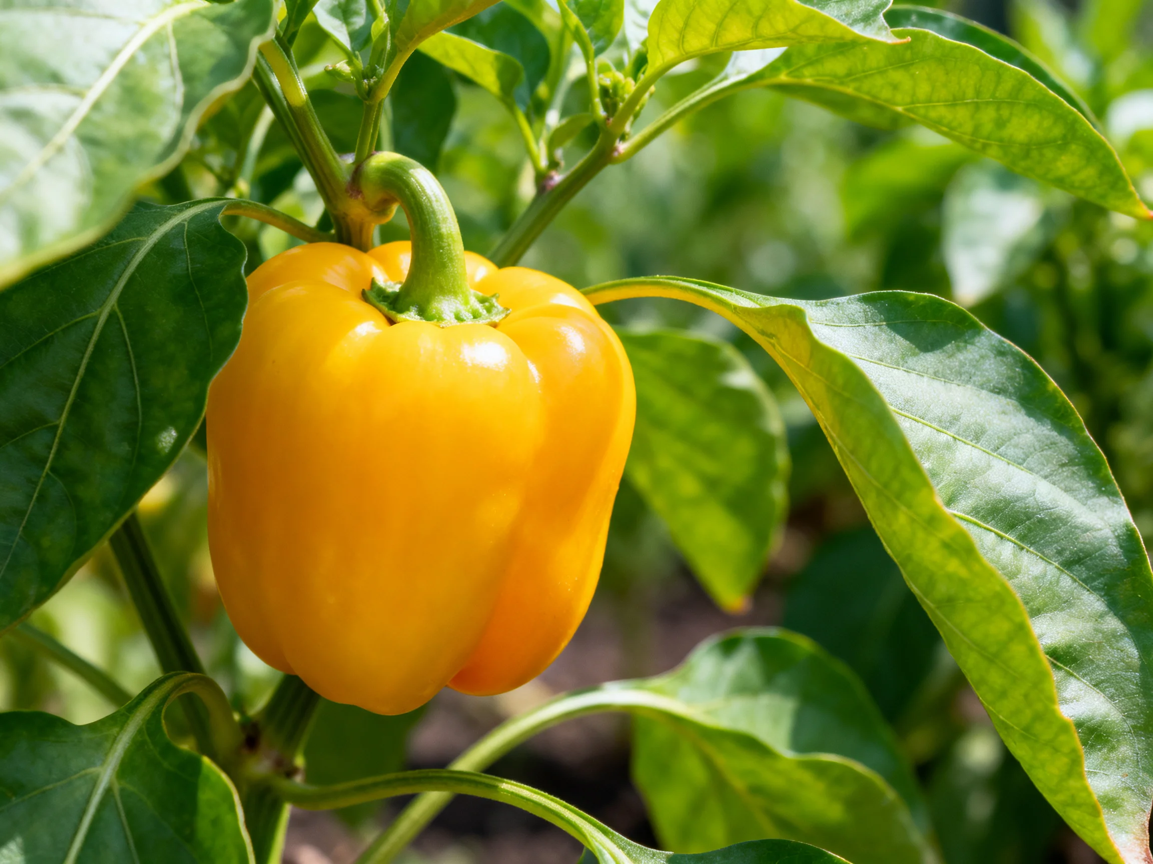 A bright yellow bell pepper growing among large green leaves