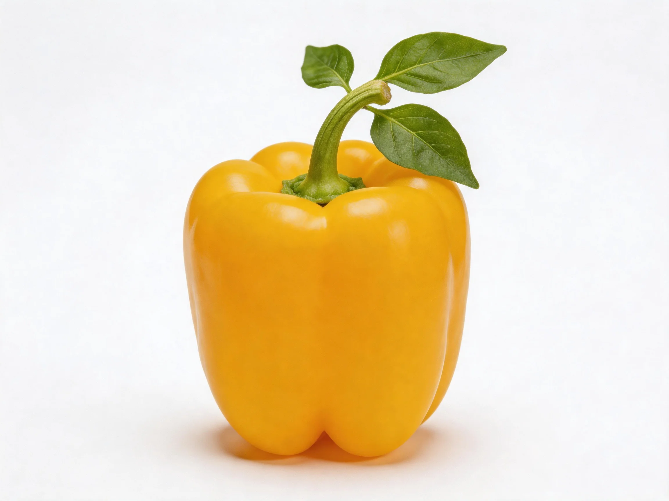 A bright yellow bell pepper with fresh green leaves and stem