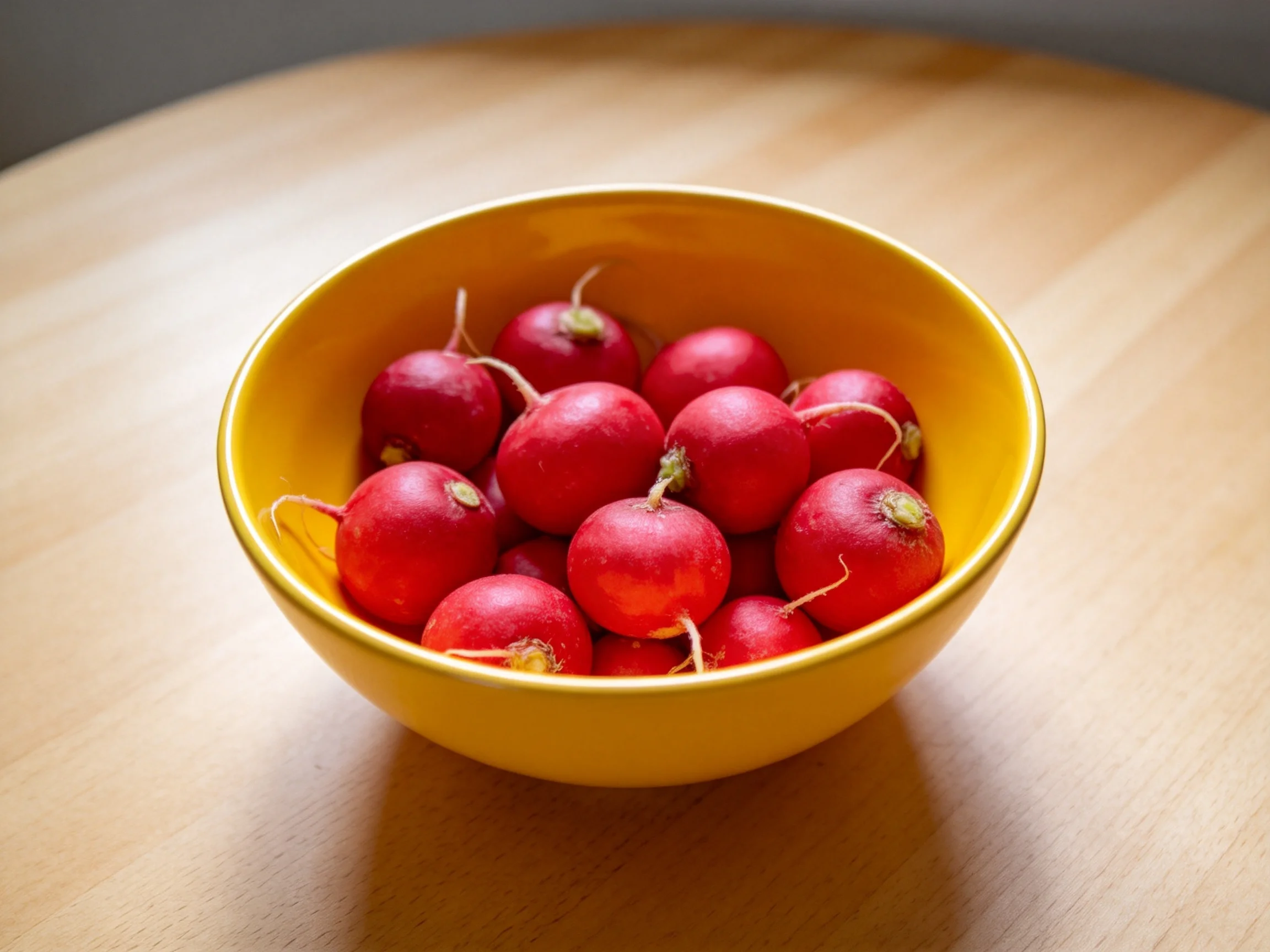 A bright yellow bowl filled with vibrant red round radishes