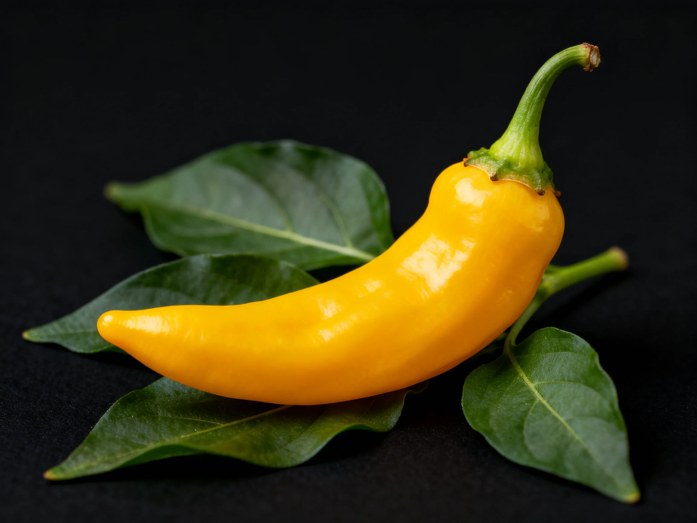 A bright yellow chili pepper rests on glossy green leaves against a black background