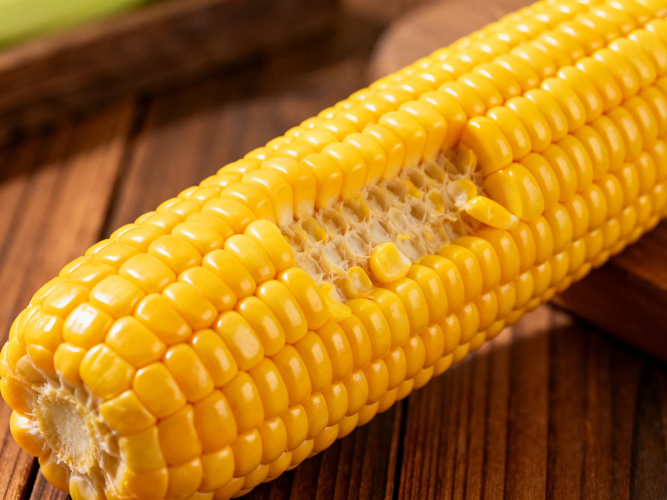 A bright yellow ear of corn with missing kernels rests on a wooden surface