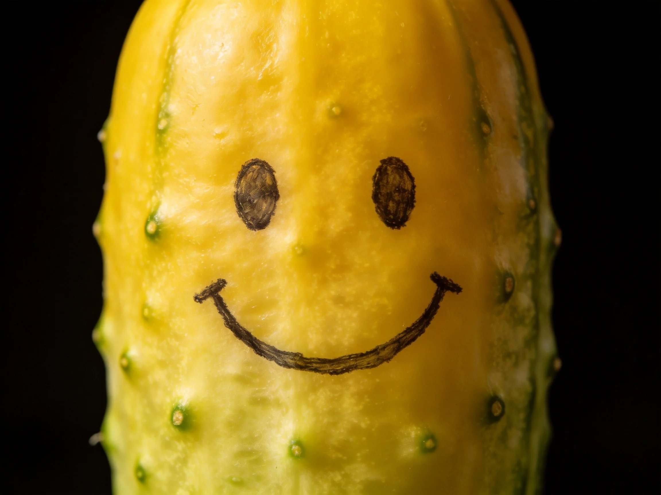 A bright yellow pickle with a hand-drawn smiley face