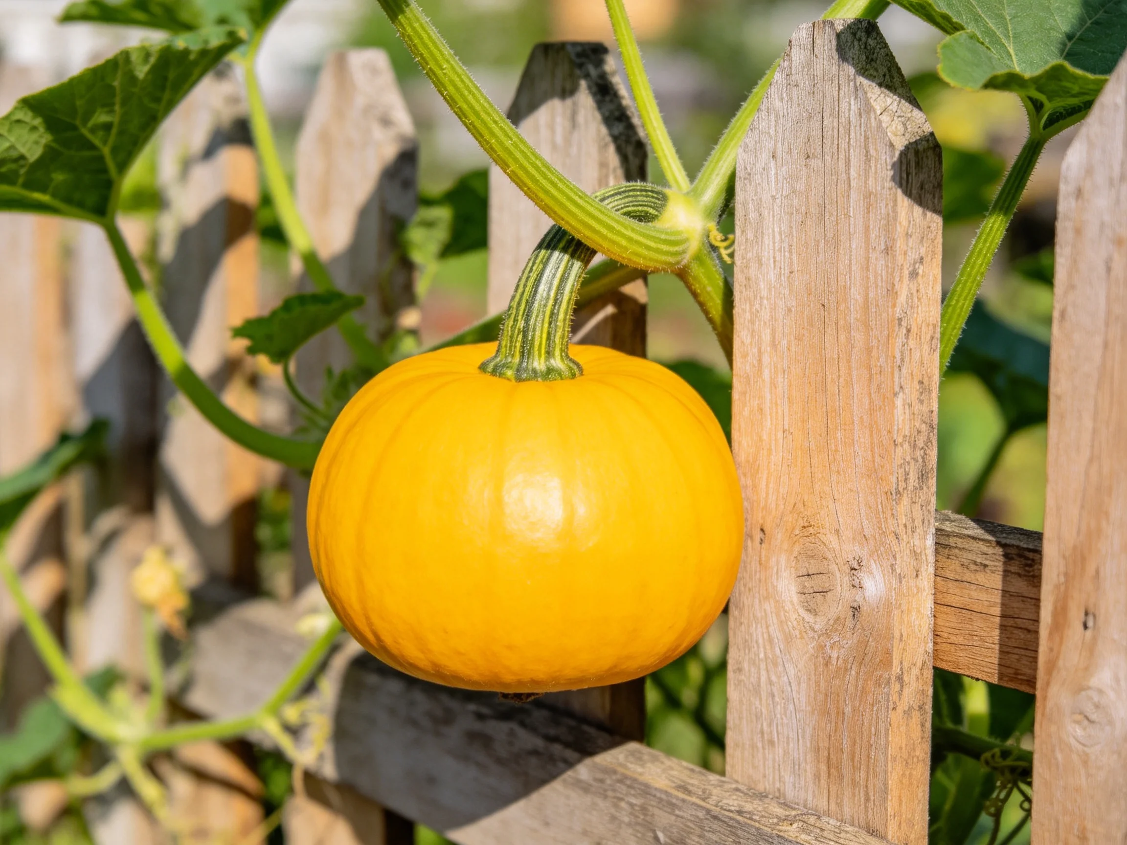 A bright yellow pumpkin grows near a weathered wooden picket fence