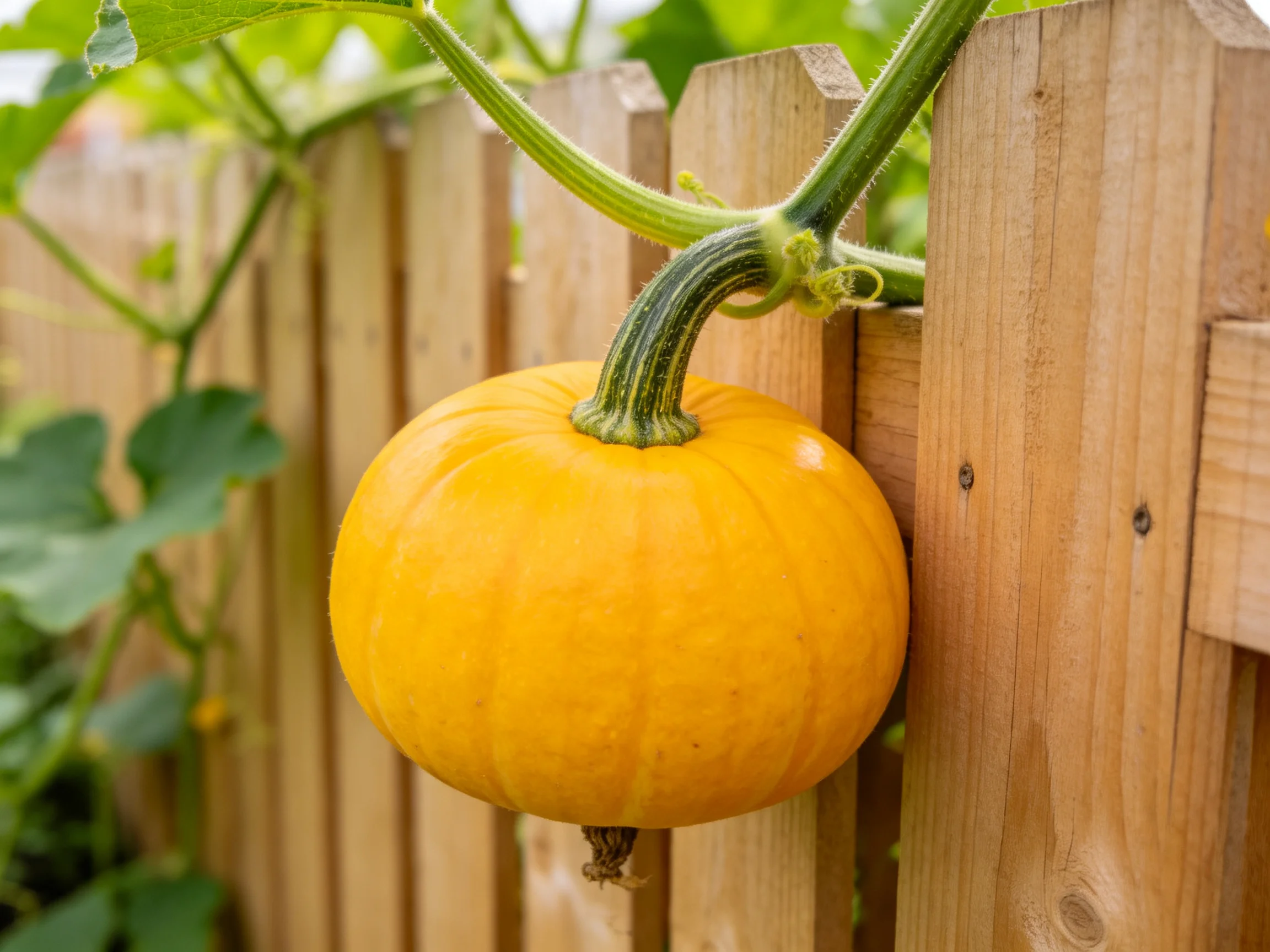 A bright yellow pumpkin hangs from a vine by a wooden fence