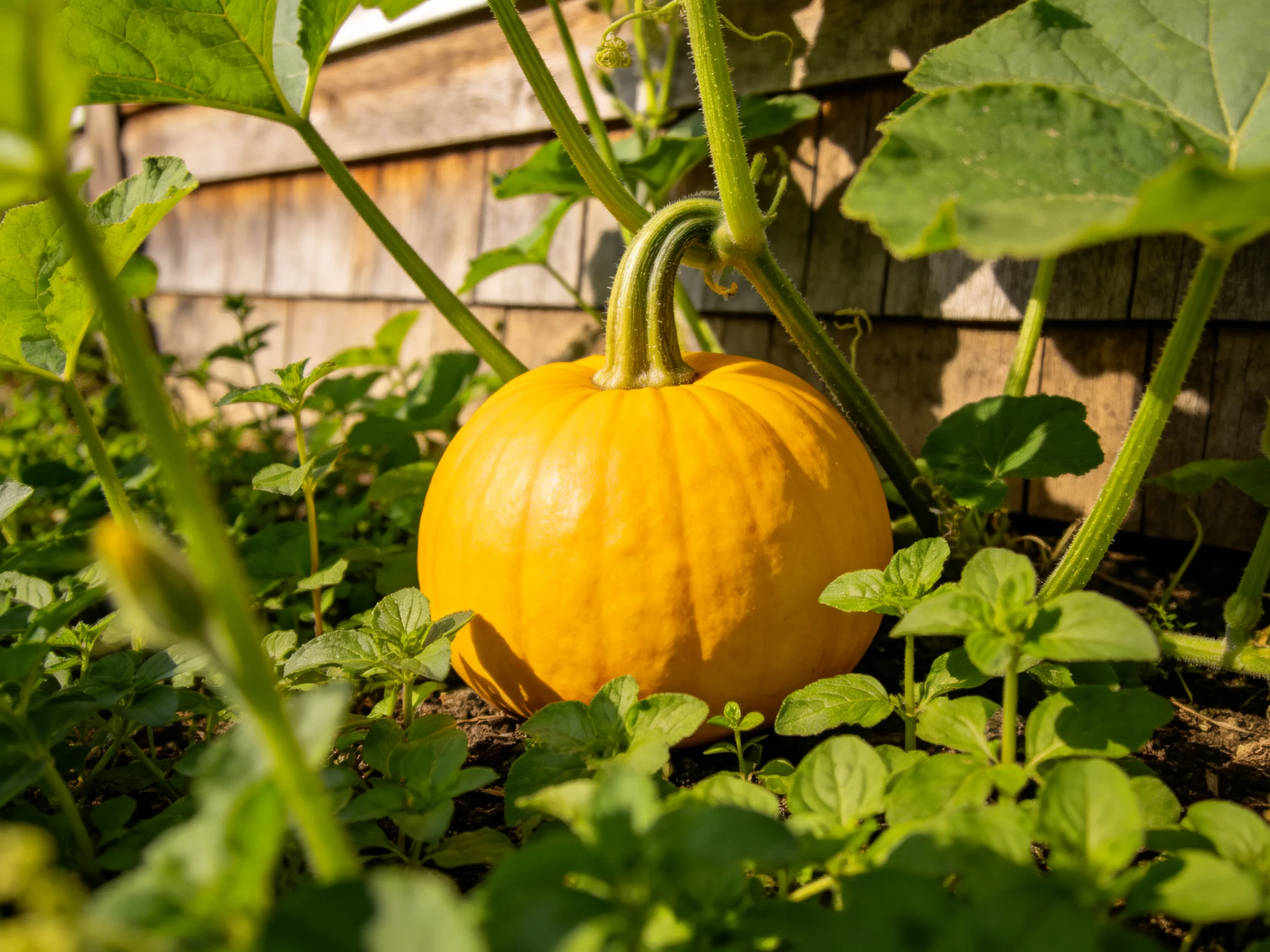 A bright yellow pumpkin nestled among green plants near a wooden fence