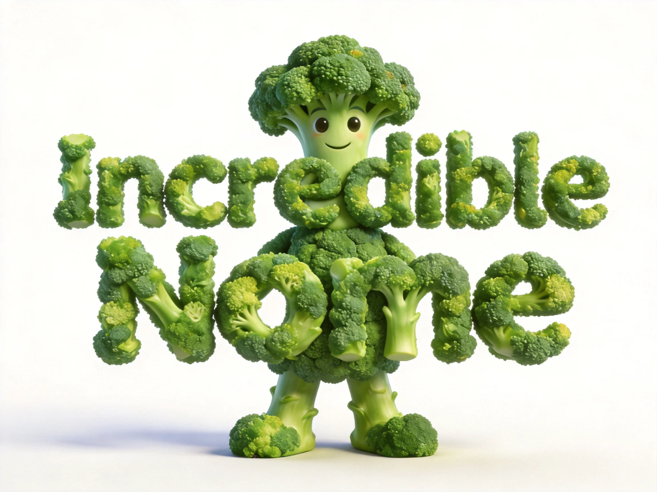 A broccoli-formed character holds text spelling Incredible None