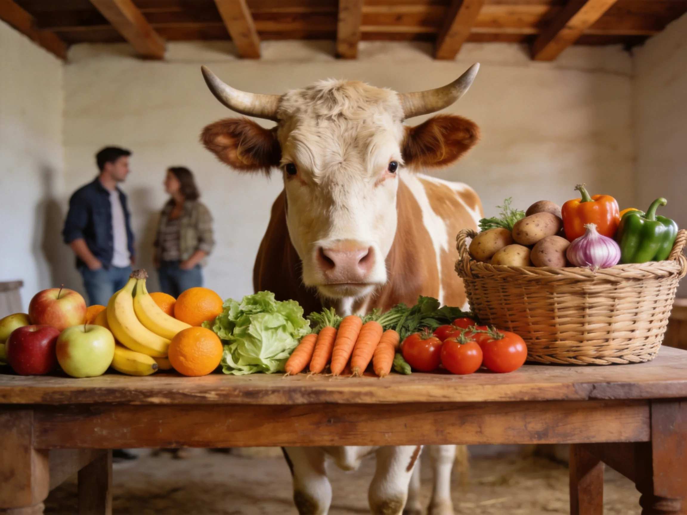 A brown and white cow stands beside a wooden table with assorted fruits and vegetables
