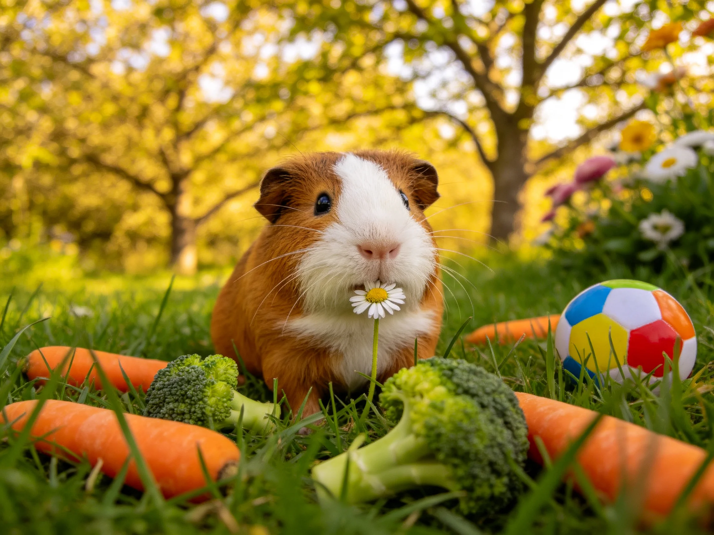 A brown and white guinea pig holds a flower amid carrots, broccoli, and a colorful ball in a sunny pa