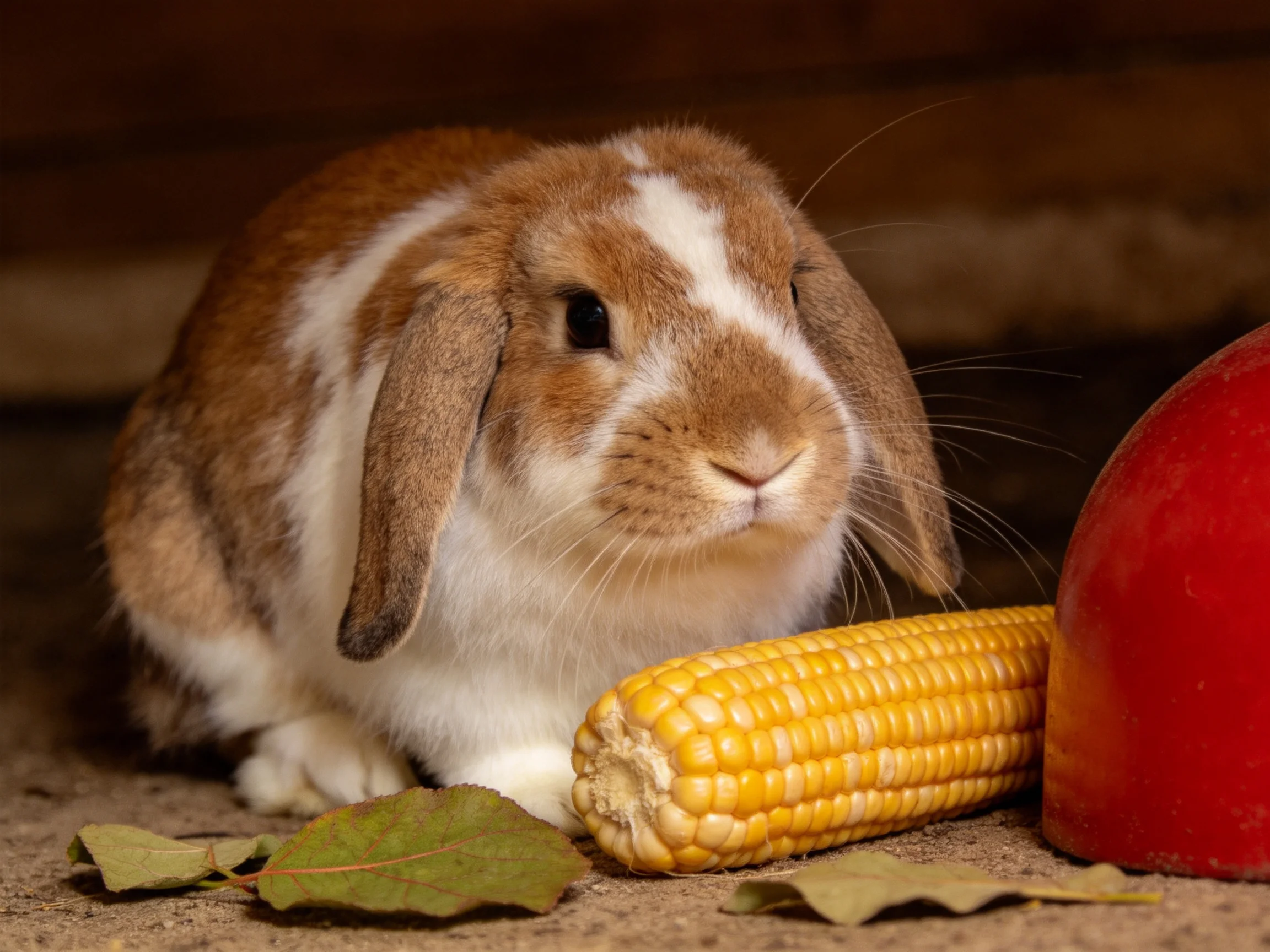 A brown and white rabbit near corn, red object, and leaves