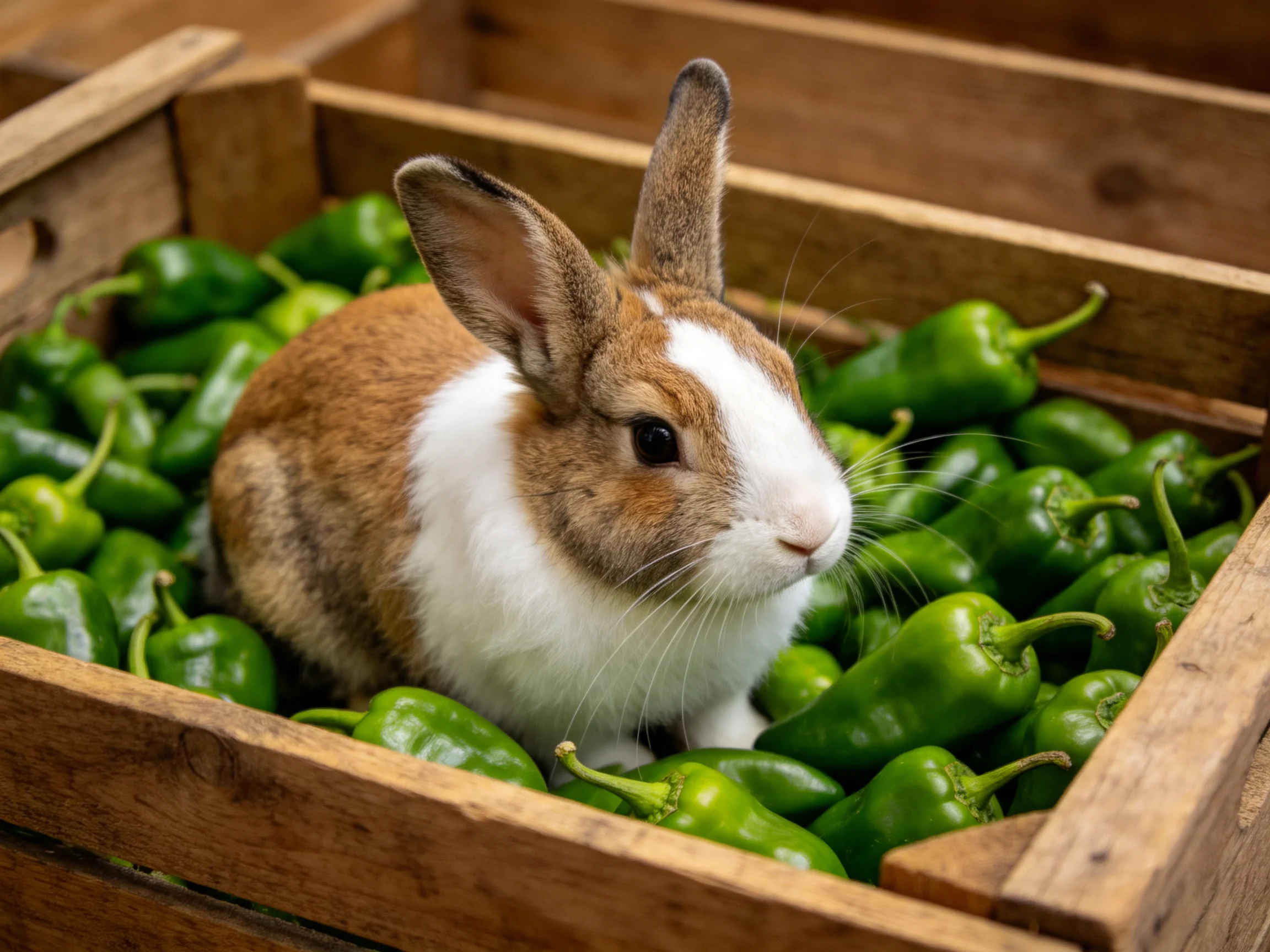 A brown and white rabbit surrounded by green peppers in a wooden crate