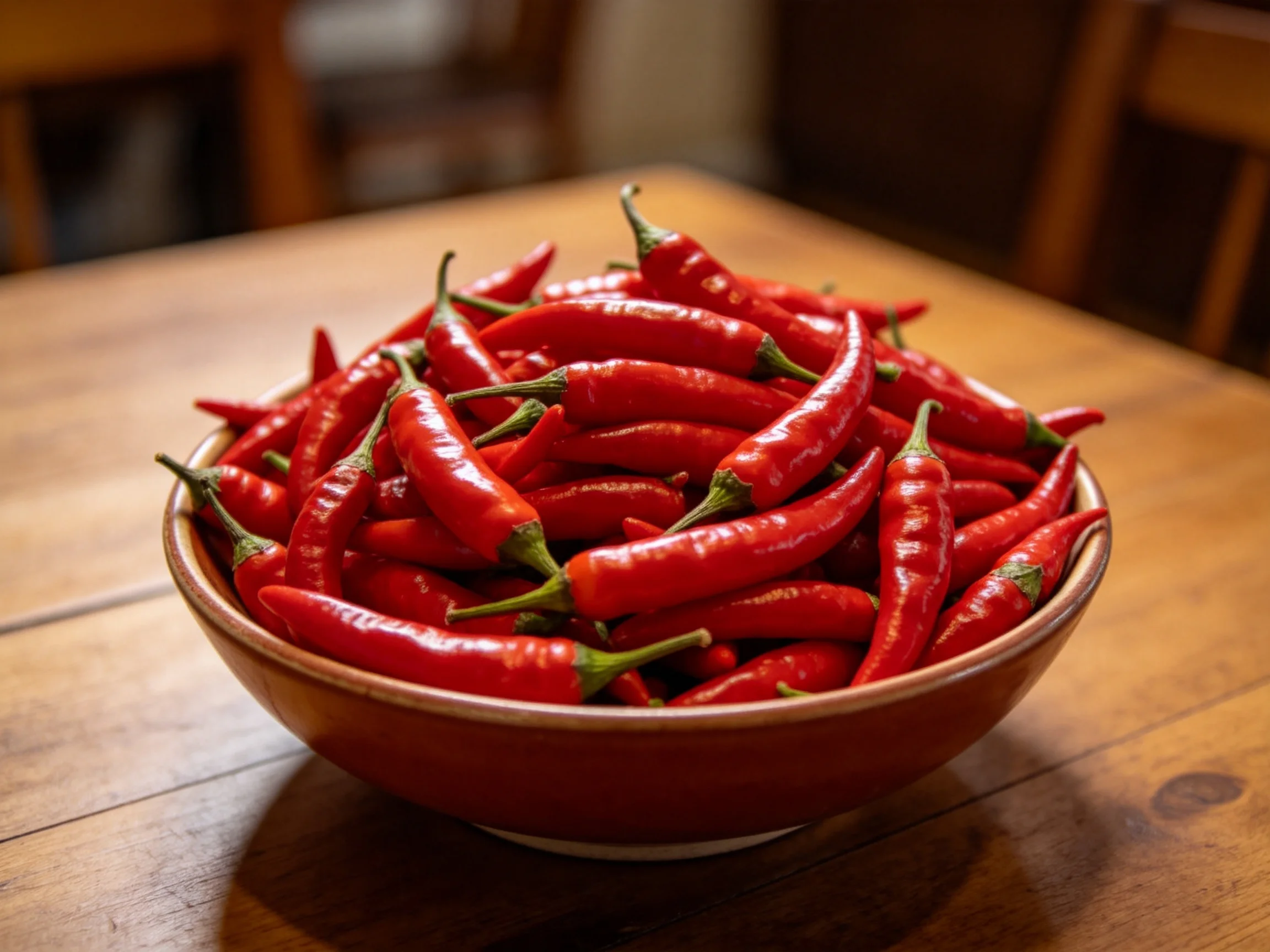A brown ceramic bowl overflowing with bright red chili peppers on a wooden table