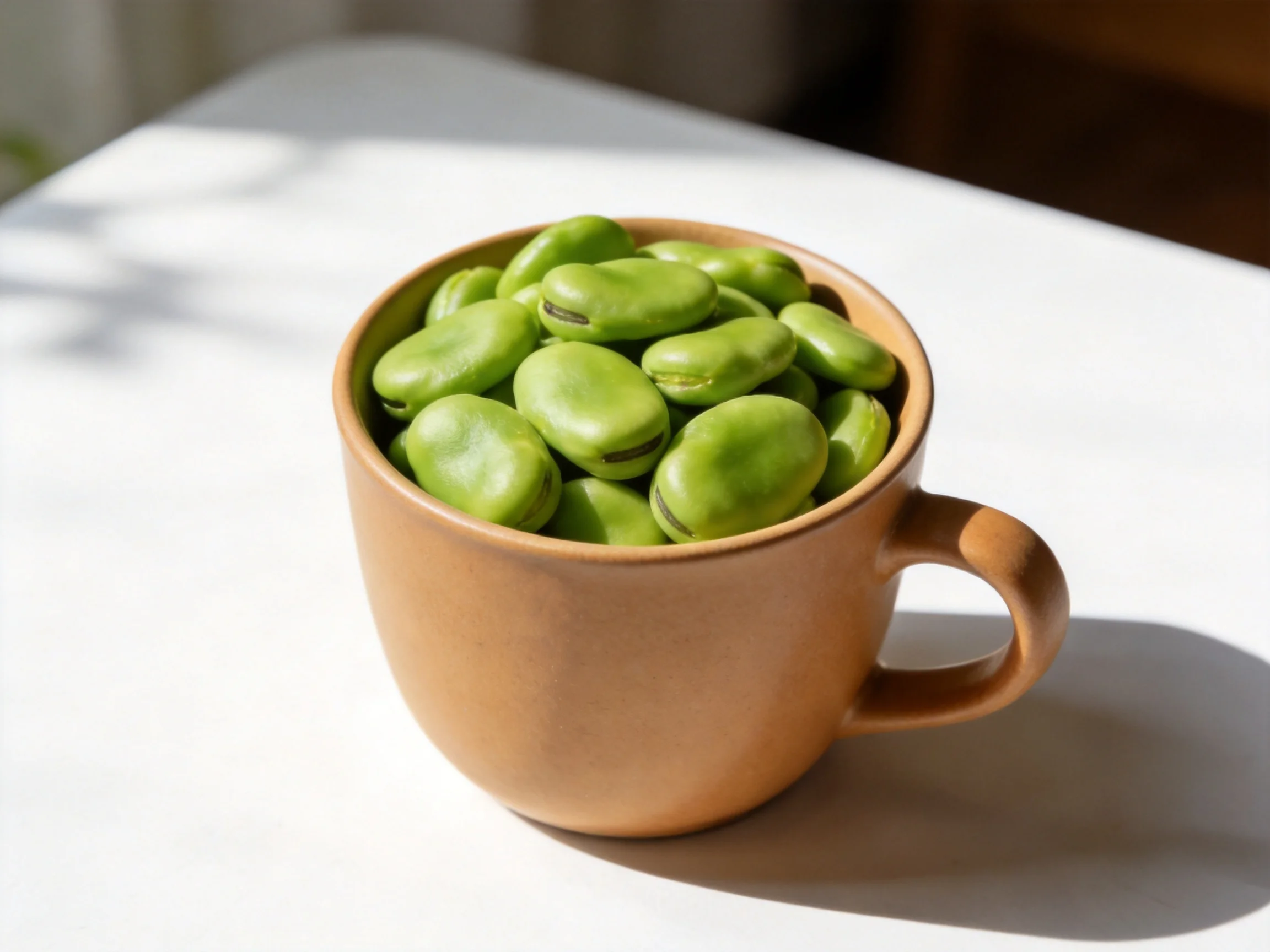 A brown ceramic cup overflowing with fresh green broad beans on a white table