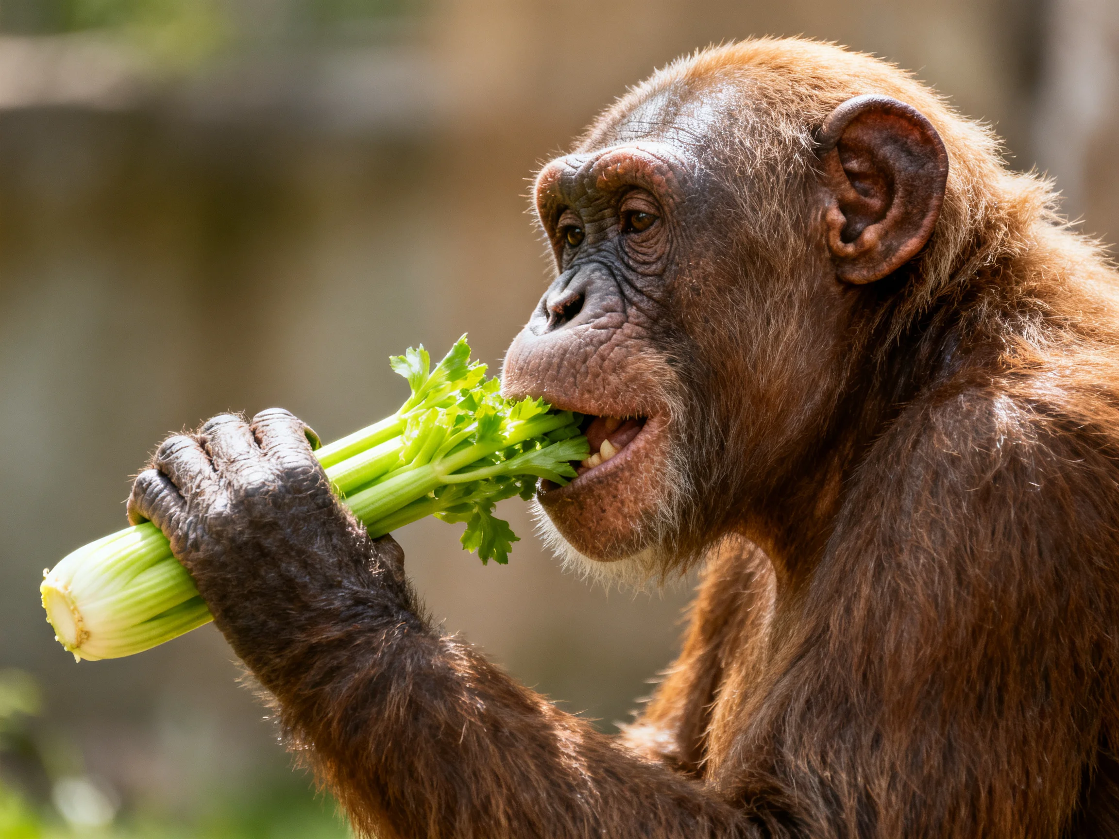 A brown-furred primate consuming fresh green celery stalks