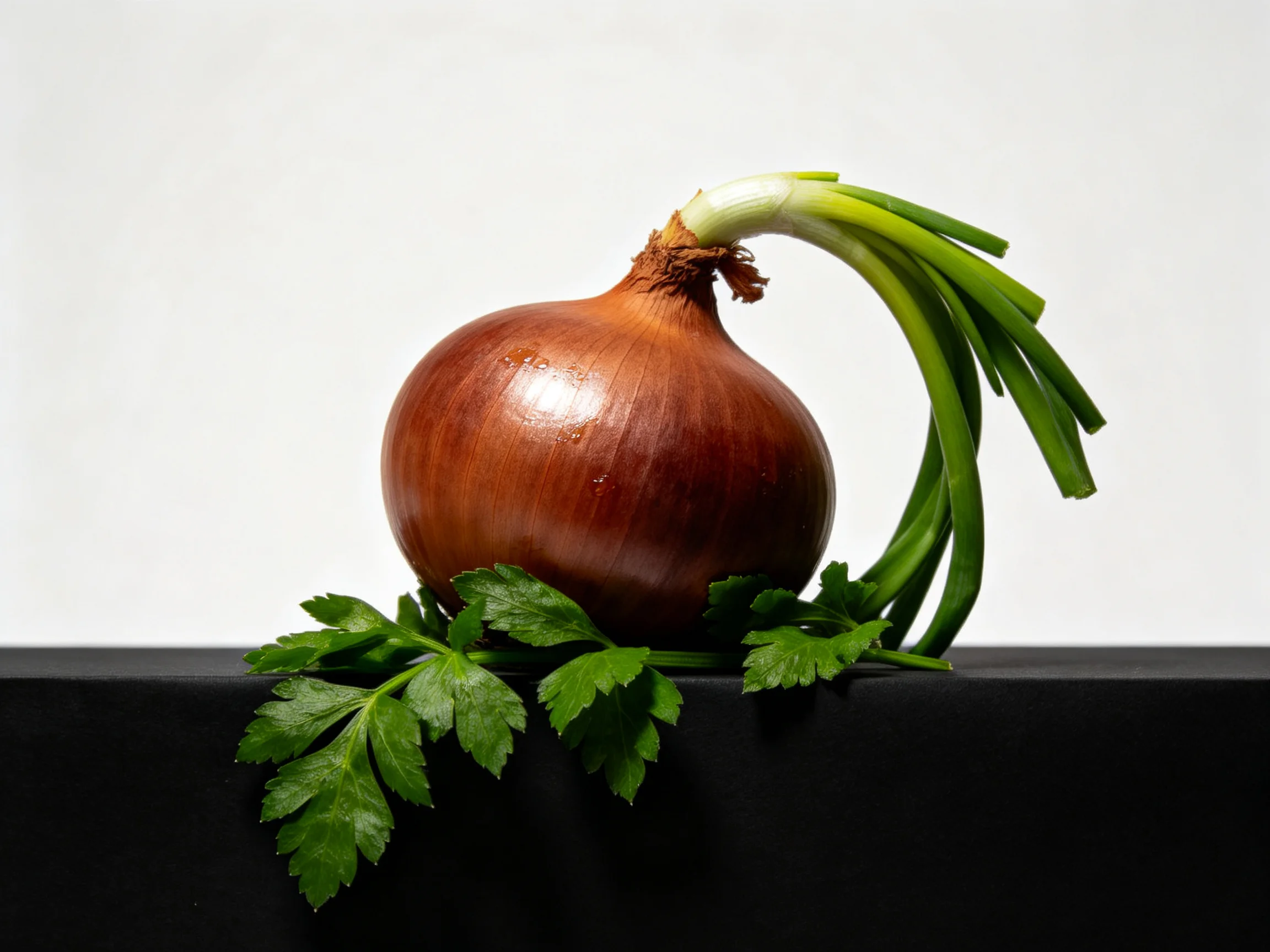 A brown onion with curved green stems and parsley leaves on a black surface